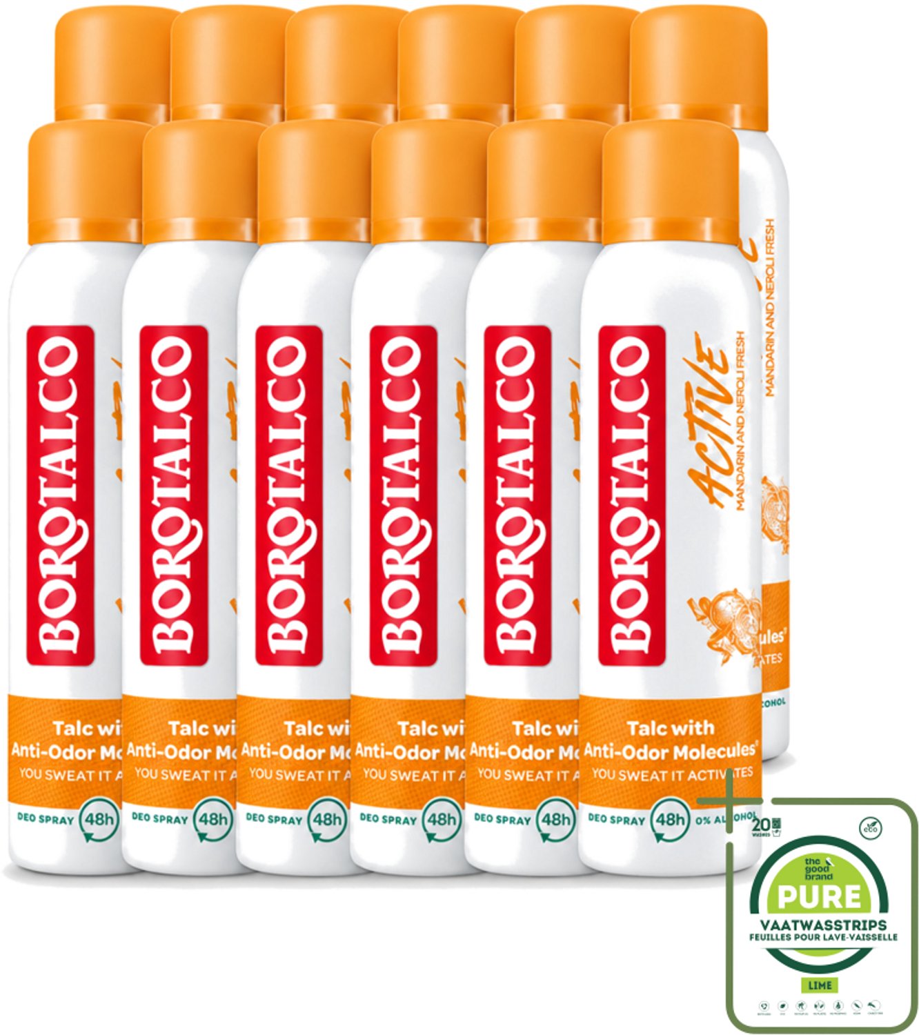12 x Borotalco - Deodorant Spray - Active - Mandarin & Neroli Fresh - 0% Alcohol - 150 ml - Grootverpakking - Vaatwasstrips - Deodorant Spray - Mandarijn En Neroli - Geur - Transpiratie - Geurvervoeging