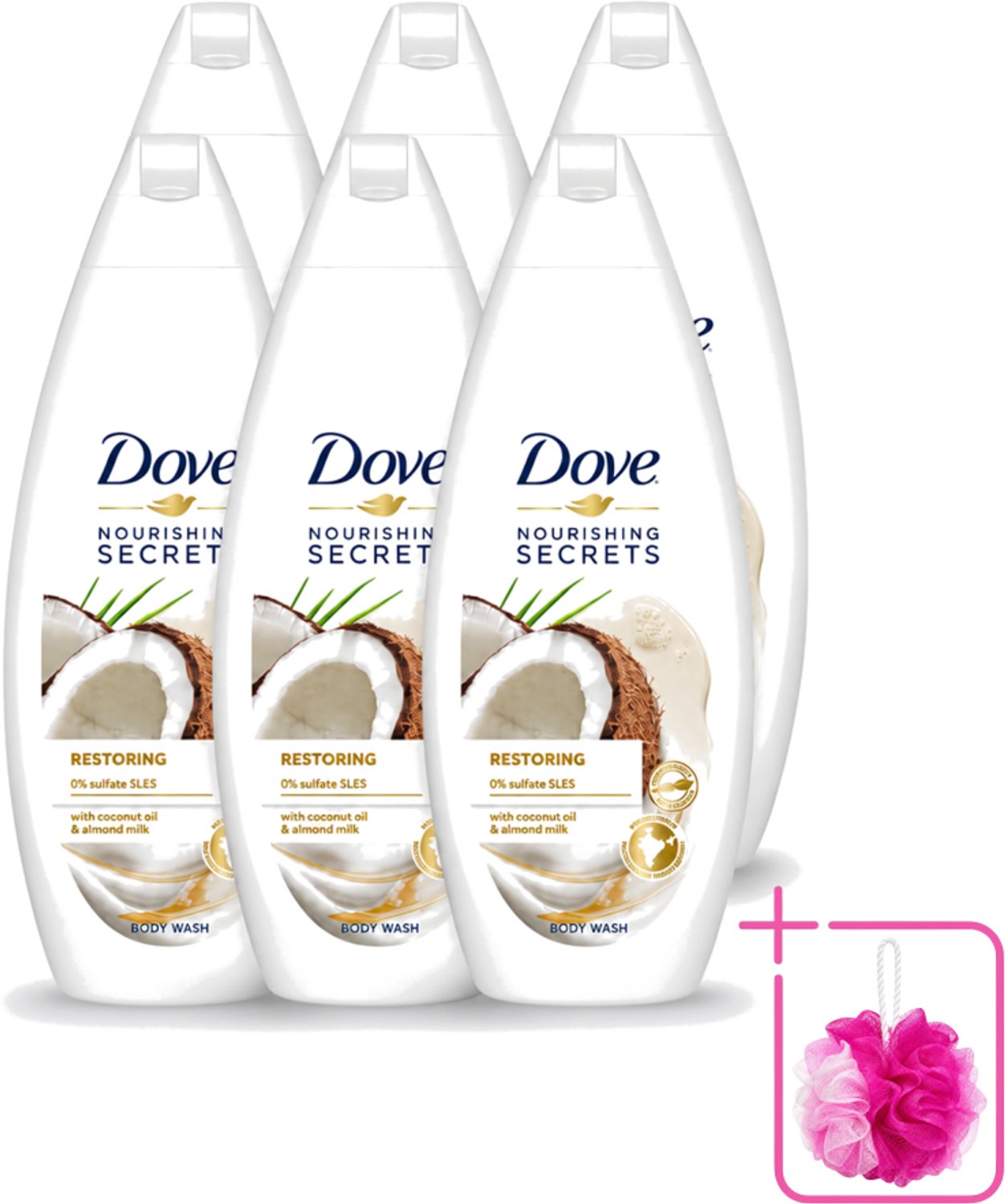 6 x Dove Nourishing Secrets - Douchegel - Kokosolie & Amandel melk - Sulfaatvrij - 250 ml - Bulkverpakking - Douchegel - Douchemop - Kokosolie