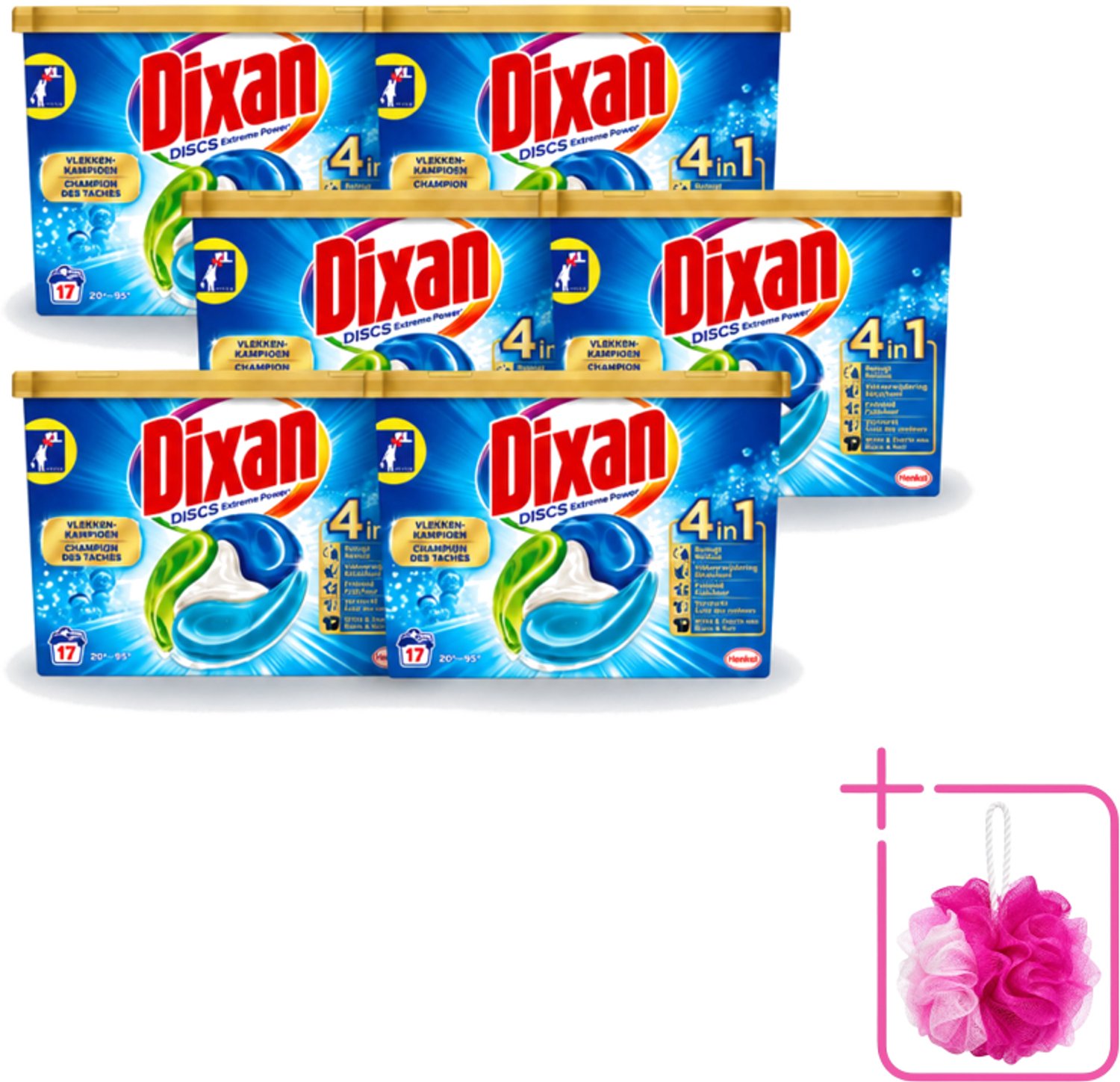 6 x Dixan Discs - Wasmiddelcapsules en Vlekverwijderaar - Extreme Power - Witte, Gekleurde & Zwarte Was - 17 Wasbeurten - Bulkverpakking - Wasmiddelcapsules - Douchemop - Vlekverwijderaar