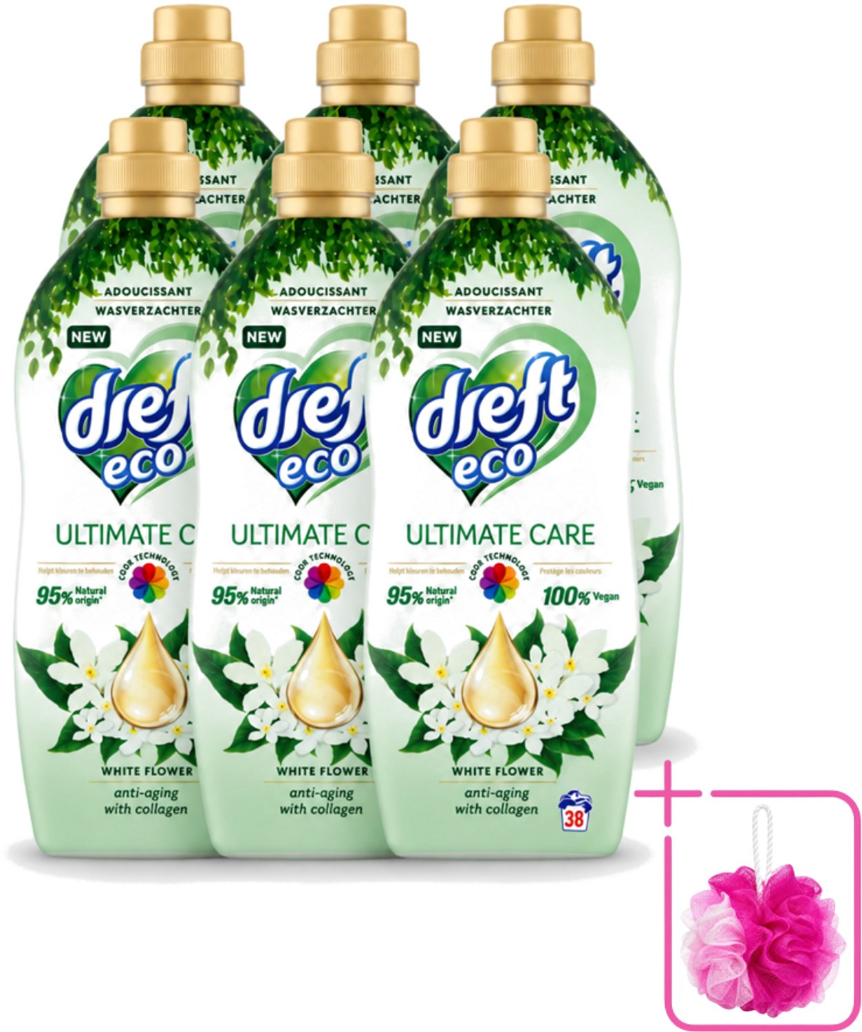 6 x Dreft ECO - Wasverzachter - Gekleurde Was - Witte Bloem - Anti-Veroudering - 38 Wasbeurten - Bulkverpakking - Wasverzachter - Douchemop - Anti-aging