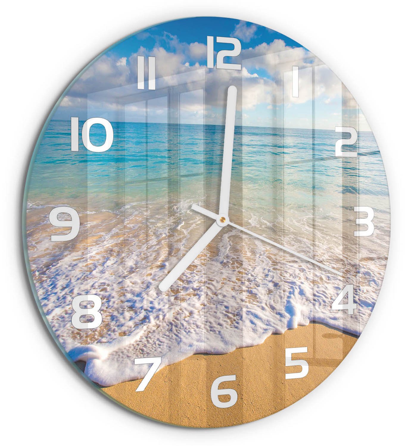 TULUP Wandklok - Hawaiiaans strand Glazen Klok Met Print - fi30 cm - Blauw Wandklok Glas Met Motief - Witte handen - Ronde Klok - Wandklok Glas Decoratie - Gekleurde Glazen Klok