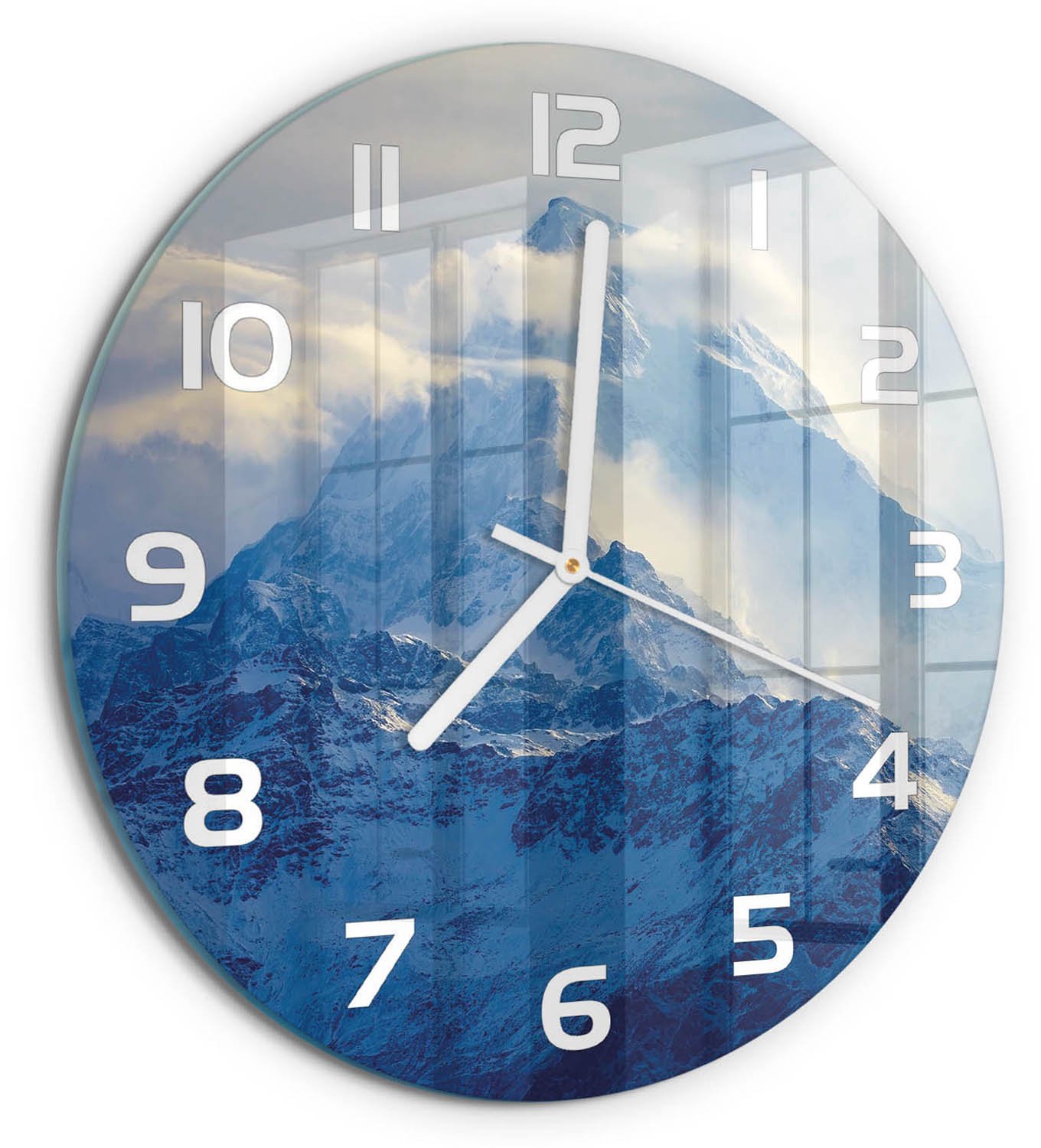 TULUP Wandklok - bergtop Glazen Wandklok Design - fi30 cm - Blauw Klok Glas Met Opdruk - Witte handen - Ronde Klok - Wandklok Glas Met Motief - Decoratieve Glazen Klok