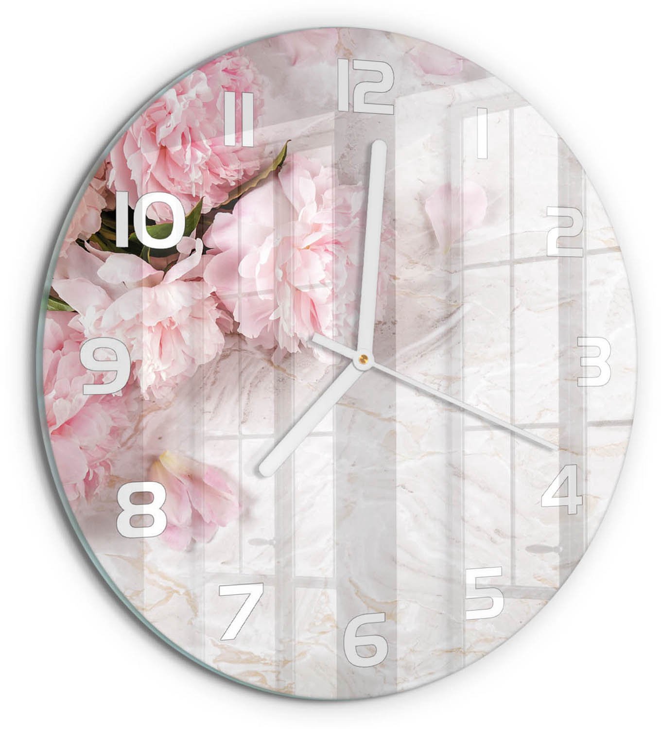 TULUP Wandklok - Pioenrozen Klok Glas Met Opdruk - fi30 cm - Roze Moderne Wandklok Glas - Witte handen - Ronde Klok - Decoratieve Glazen Klok - Glazen Wandklok Design