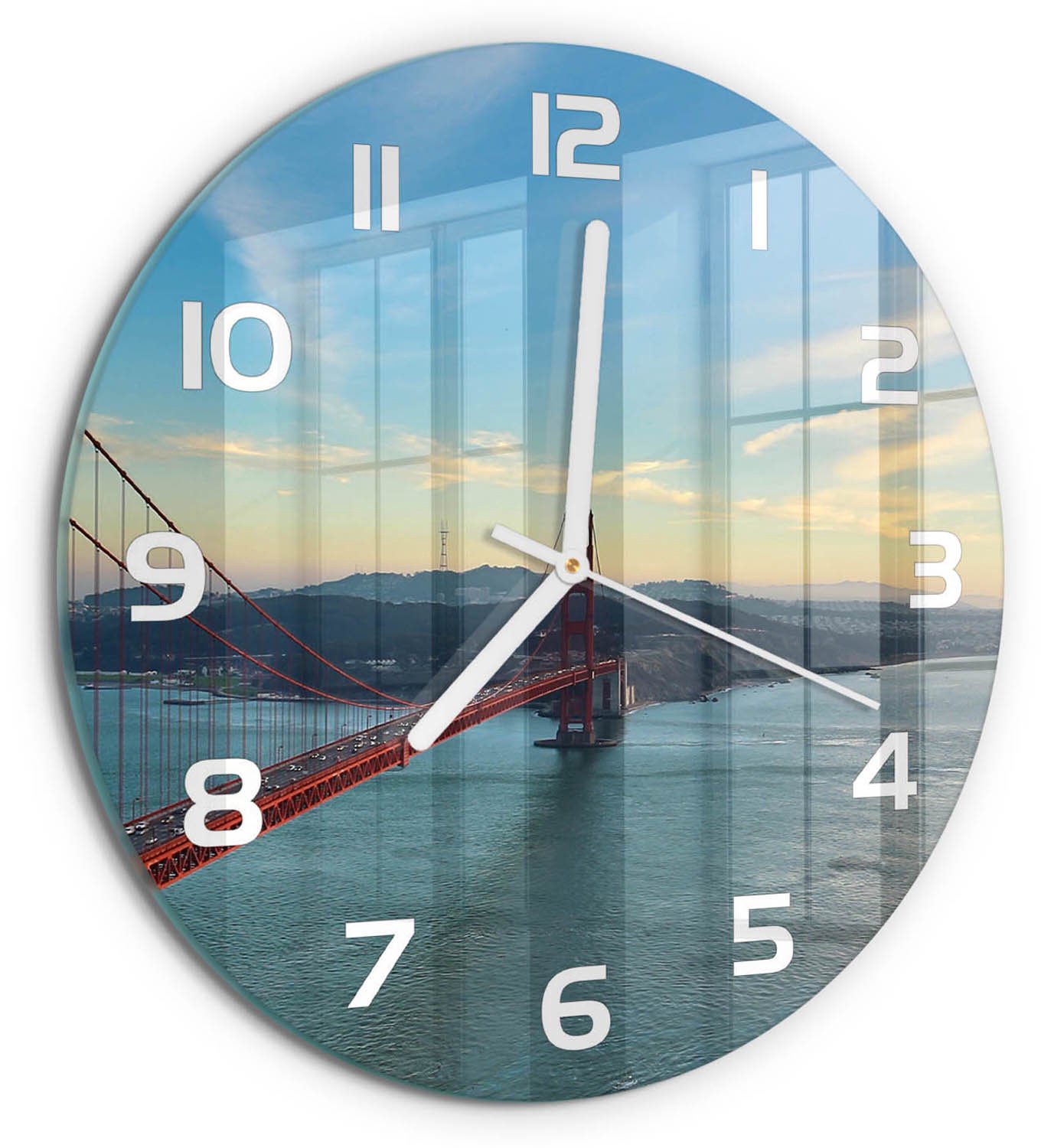 TULUP Wandklok - San Francisco-brug Glazen Klok Met Print - fi30 cm - Rood Wandklok Glas Met Motief - Witte handen - Ronde Klok - Wandklok Glas Decoratie - Gekleurde Glazen Klok