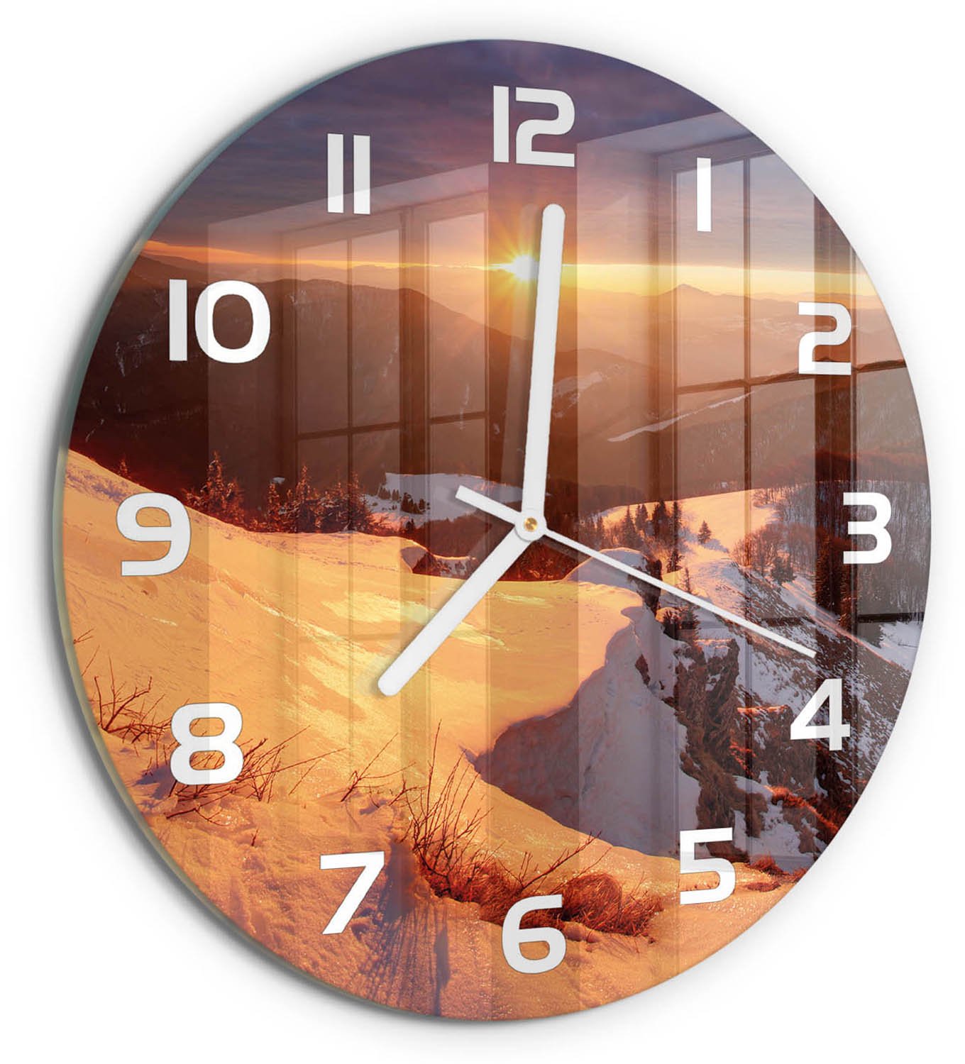 TULUP Wandklok - Winter in de bergen Wandklok Glas Met Motief - fi30 cm - Wit Decoratieve Glazen Klok - Witte handen - Ronde Klok - Gekleurde Glazen Klok - Glazen Klok Met Print
