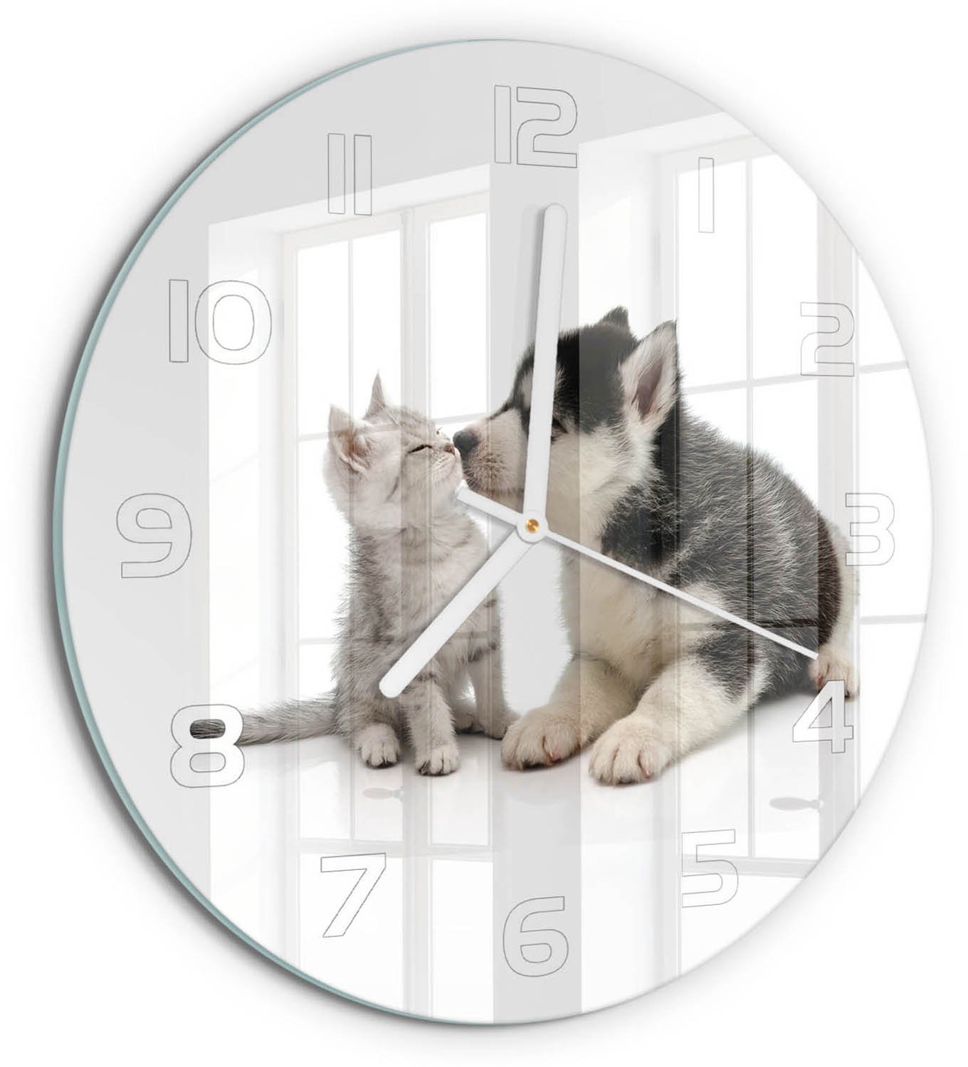 TULUP Wandklok - Hond en kat Glazen Klok Met Print - fi30 cm - Zwart Wandklok Glas Met Motief - Witte handen - Ronde Klok - Wandklok Glas Decoratie - Gekleurde Glazen Klok