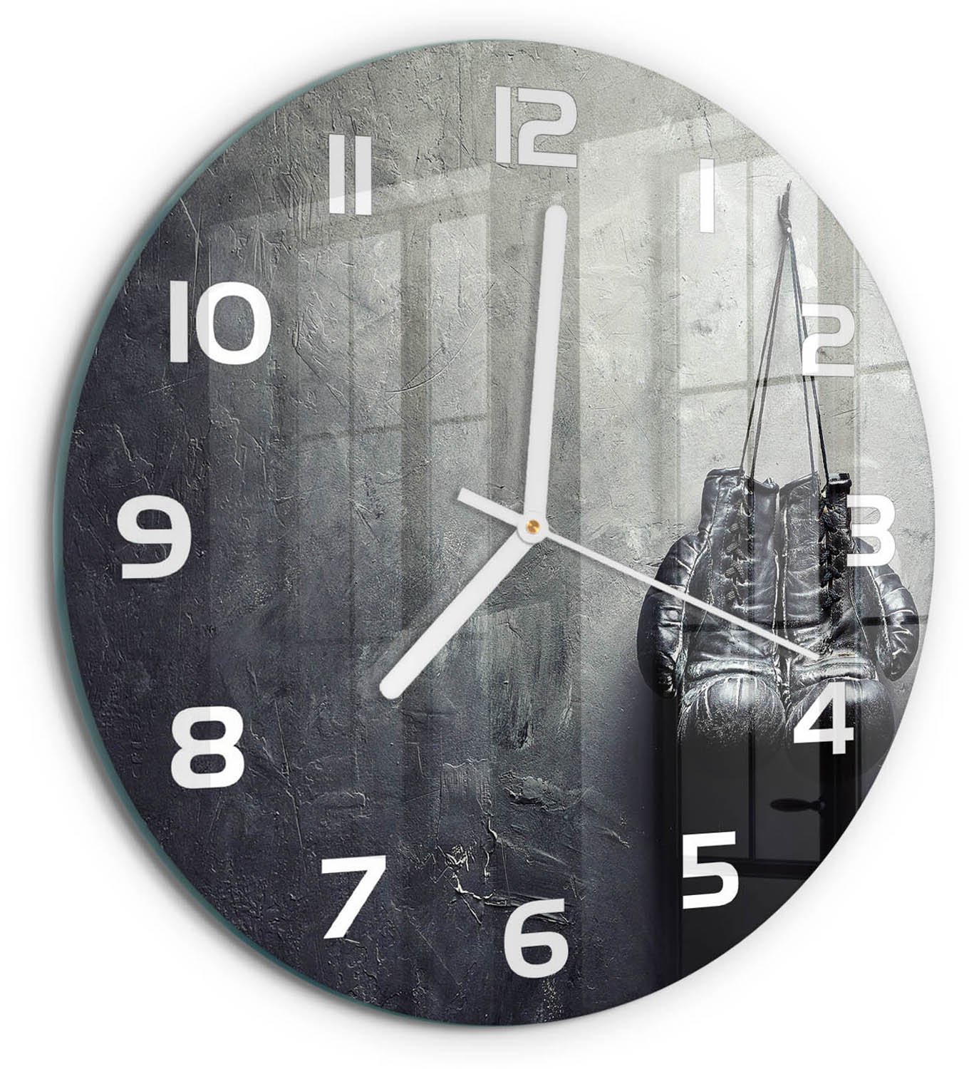 TULUP Wandklok - Bokshandschoenen Glazen Klok Met Print - fi30 cm - Zwart-wit Wandklok Glas Met Motief - Witte handen - Ronde Klok - Wandklok Glas Decoratie - Gekleurde Glazen Klok