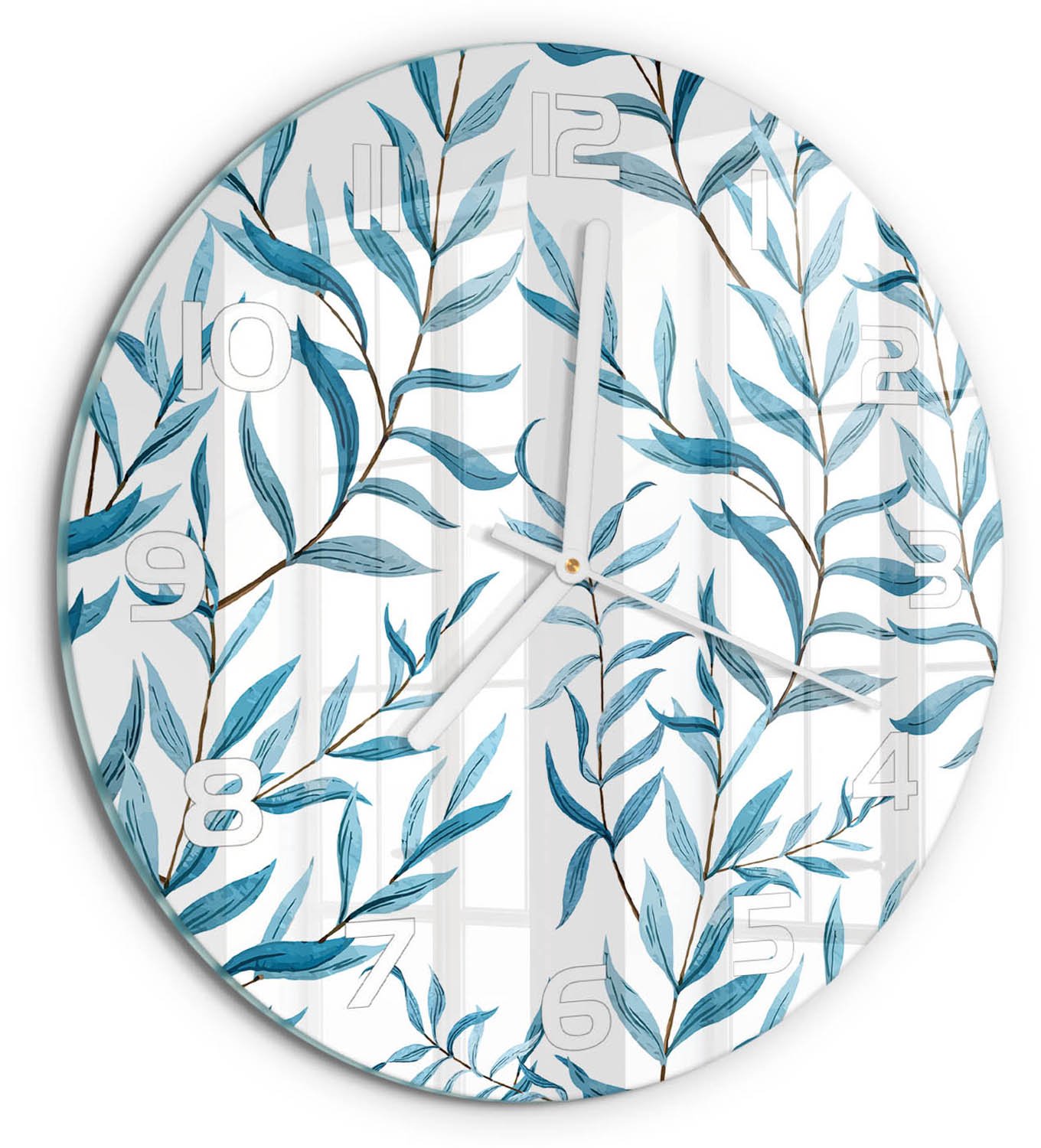 TULUP Wandklok - Bladeren Gekleurde Glazen Klok - fi30 cm - Blauw Glazen Klok Met Print - Witte handen - Ronde Klok - Moderne Wandklok Glas - Wandklok Glas Decoratie