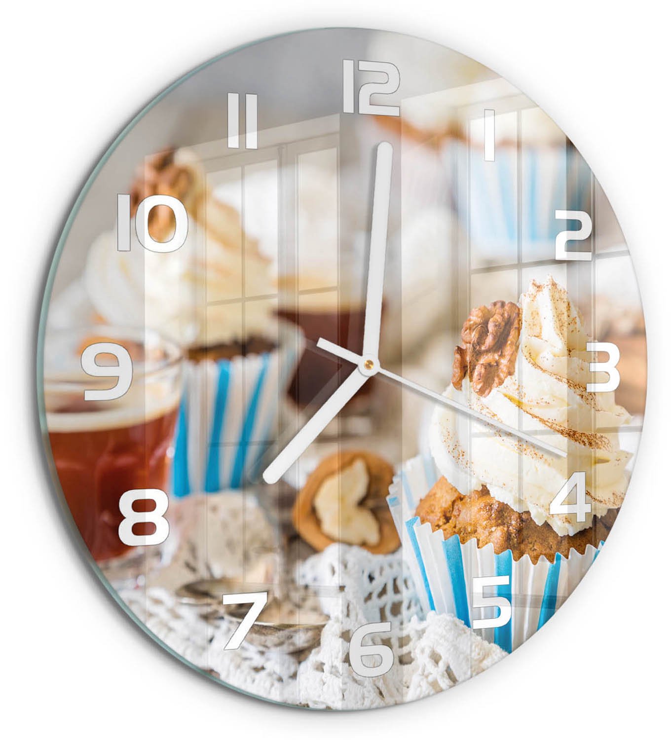 TULUP Wandklok - Muffins Klok Glas Met Opdruk - fi30 cm - Veelkleurig Moderne Wandklok Glas - Witte handen - Ronde Klok - Decoratieve Glazen Klok - Glazen Wandklok Design