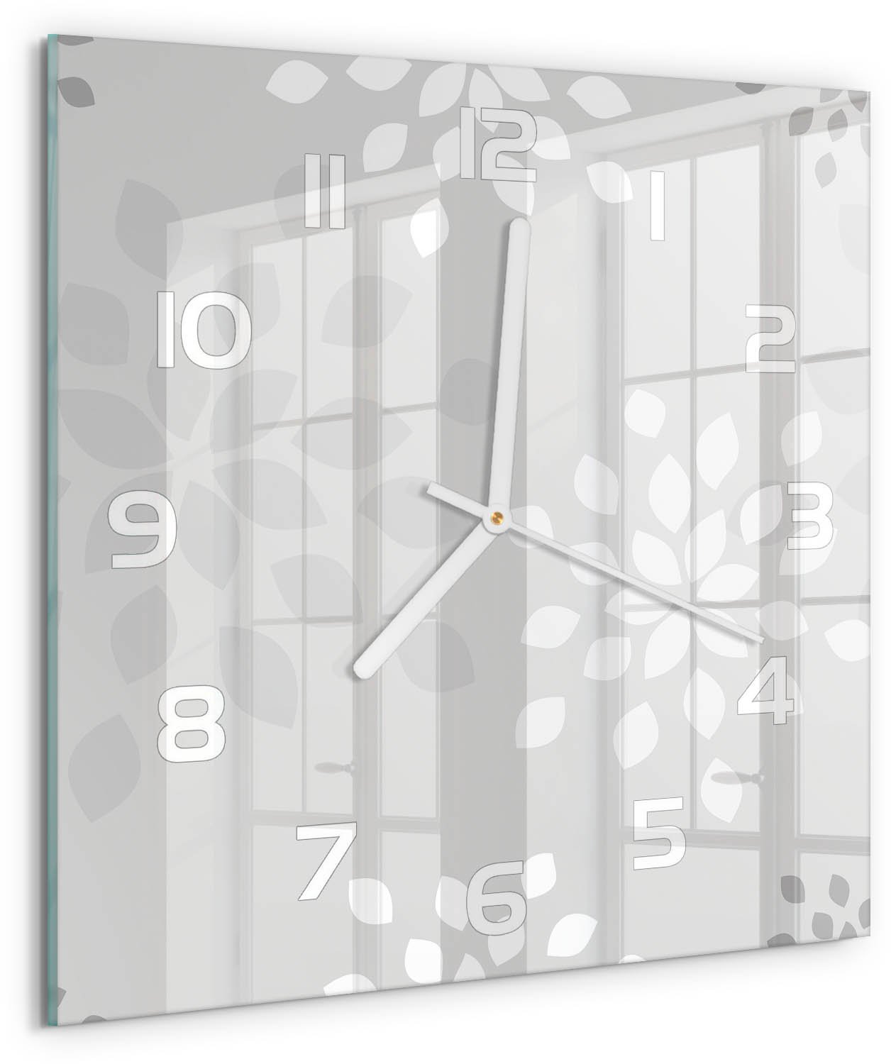 Tulup Wandklok - Bloemenpatroon Moderne Wandklok Glas - 30x30 cm - Grijs Wandklok Glas Decoratie - Witte handen - Vierkante Klok - Glazen Wandklok Design - Klok Glas Met Opdruk