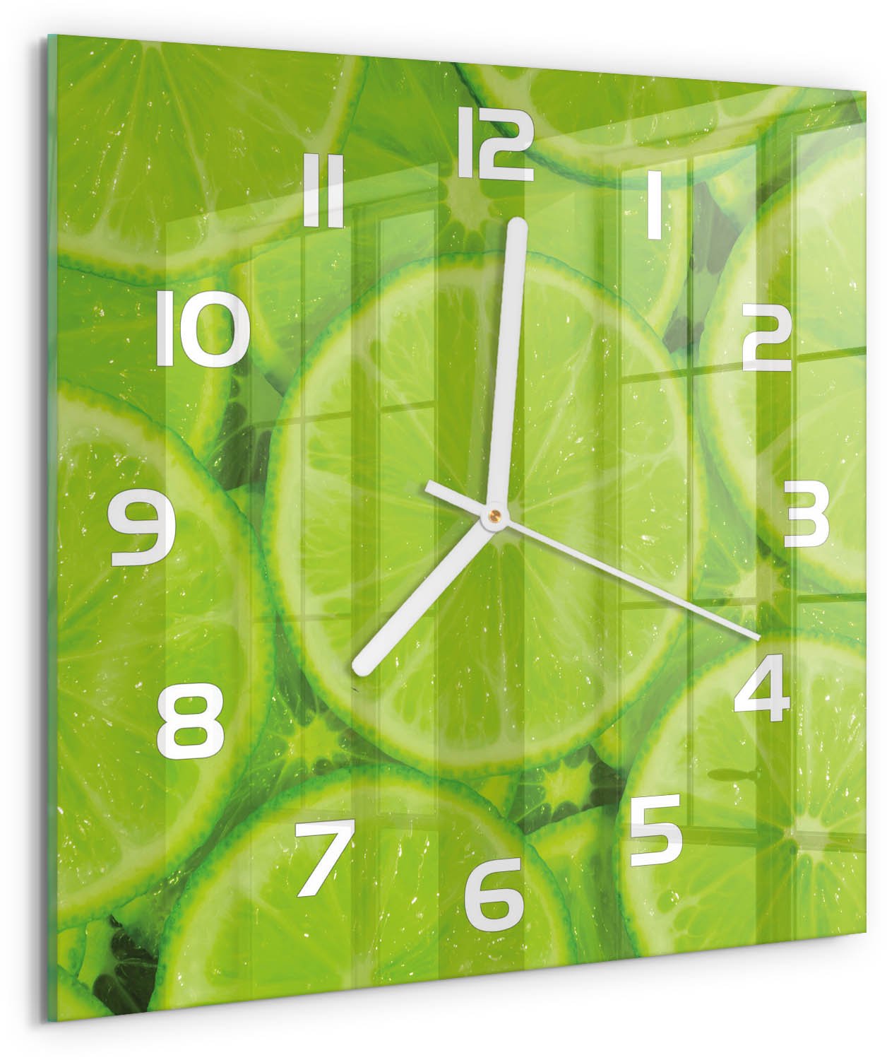Tulup Wandklok - Limoenen Wandklok Glas Met Motief - 30x30 cm - Groente Decoratieve Glazen Klok - Witte handen - Vierkante Klok - Gekleurde Glazen Klok - Glazen Klok Met Print