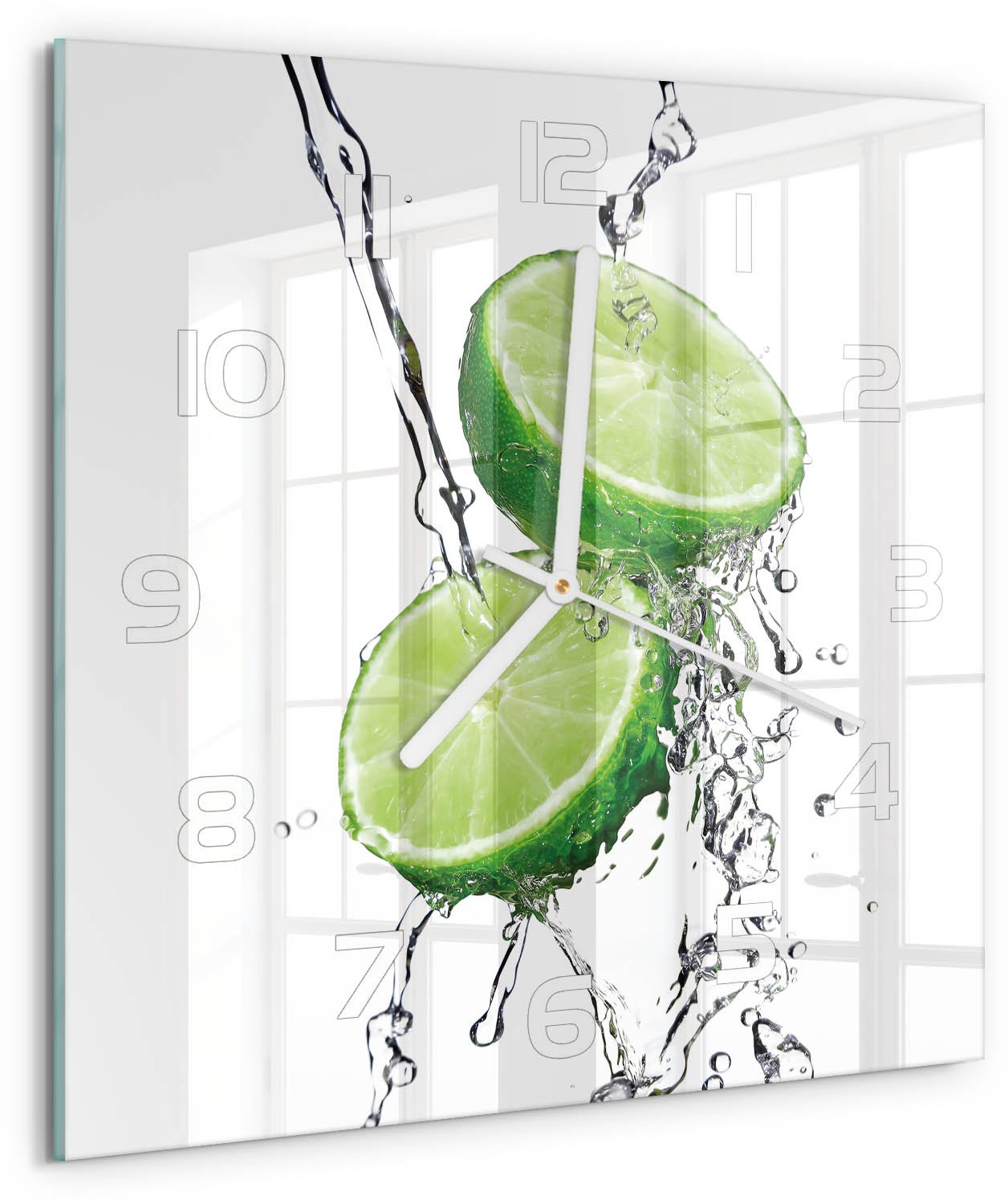 Tulup Wandklok - Kalk en water Glazen Klok Met Print - 30x30 cm - Groente Wandklok Glas Met Motief - Witte handen - Vierkante Klok - Wandklok Glas Decoratie - Gekleurde Glazen Klok
