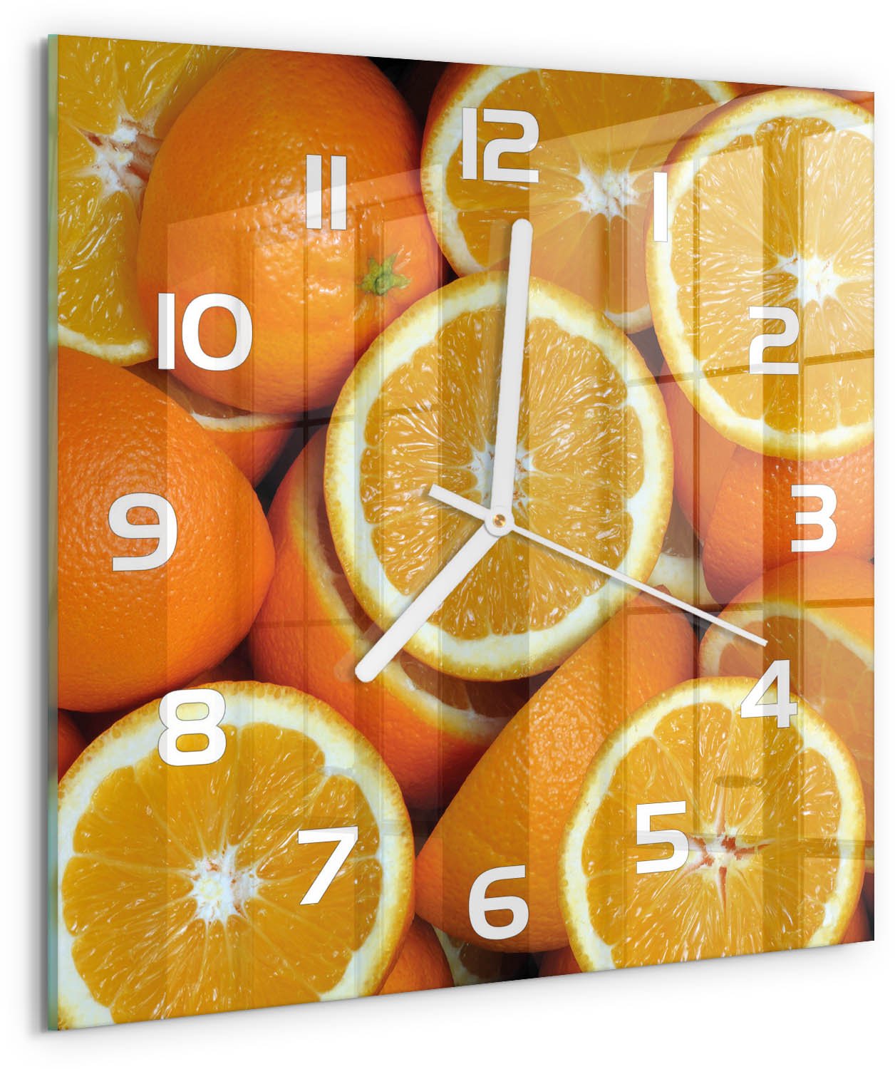 Tulup Wandklok - Sinaasappelhelften Gekleurde Glazen Klok - 30x30 cm - Oranje Glazen Klok Met Print - Witte handen - Vierkante Klok - Moderne Wandklok Glas - Wandklok Glas Decoratie