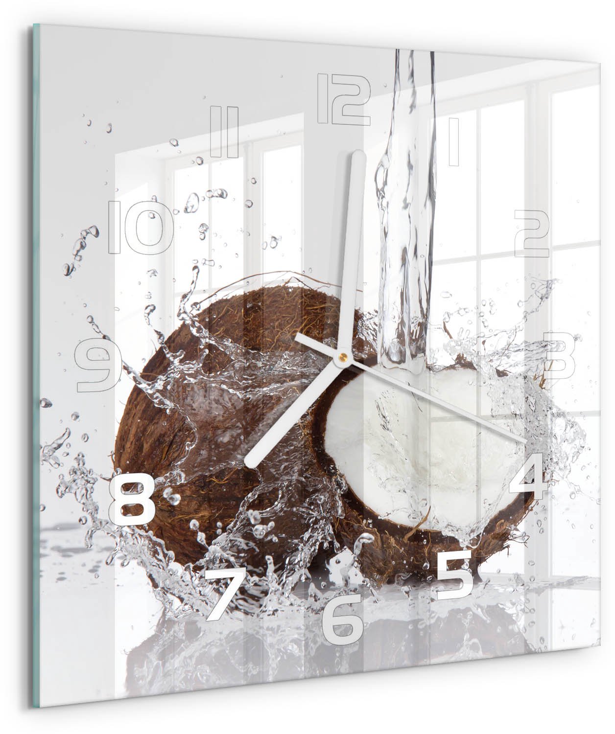 Tulup Wandklok - Kokosnoot Glazen Klok Met Print - 30x30 cm - Bruin Wandklok Glas Met Motief - Witte handen - Vierkante Klok - Wandklok Glas Decoratie - Gekleurde Glazen Klok