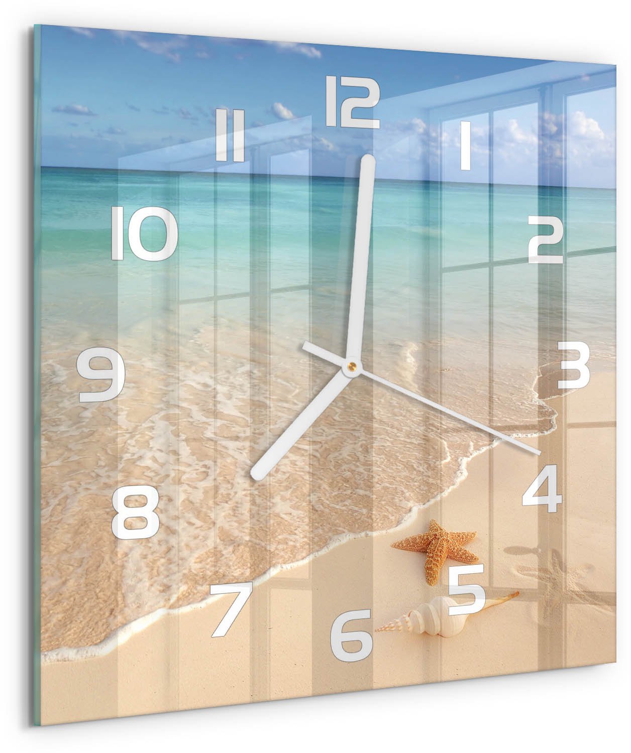 Tulup Wandklok - Zeesterren op het strand Gekleurde Glazen Klok - 30x30 cm - Blauw Glazen Klok Met Print - Witte handen - Vierkante Klok - Moderne Wandklok Glas - Wandklok Glas Decoratie