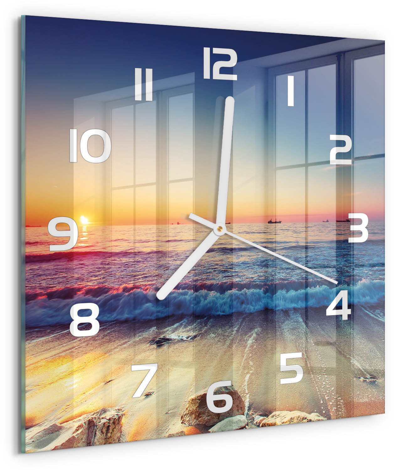 Tulup Wandklok - Zonsopgang boven de zee Glazen Klok Met Print - 30x30 cm - Oranje Wandklok Glas Met Motief - Witte handen - Vierkante Klok - Wandklok Glas Decoratie - Gekleurde Glazen Klok