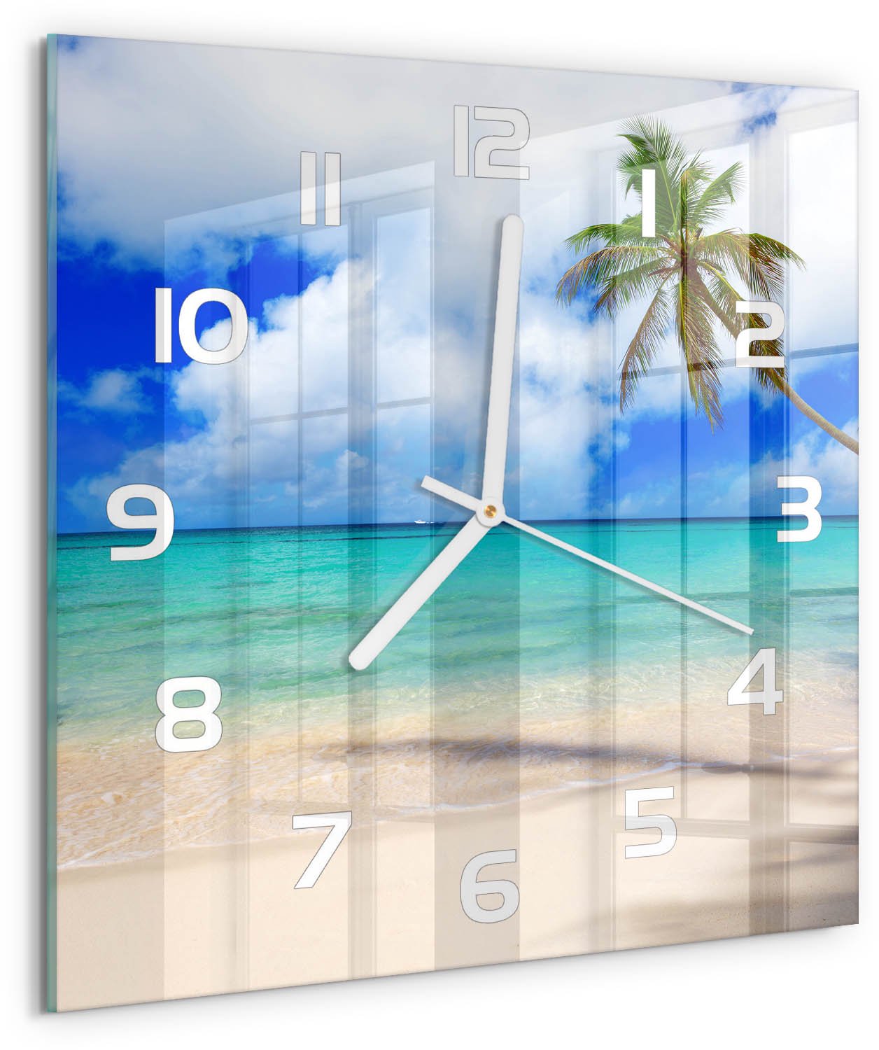 Tulup Wandklok - Caribisch strand Gekleurde Glazen Klok - 30x30 cm - Blauw Glazen Klok Met Print - Witte handen - Vierkante Klok - Moderne Wandklok Glas - Wandklok Glas Decoratie