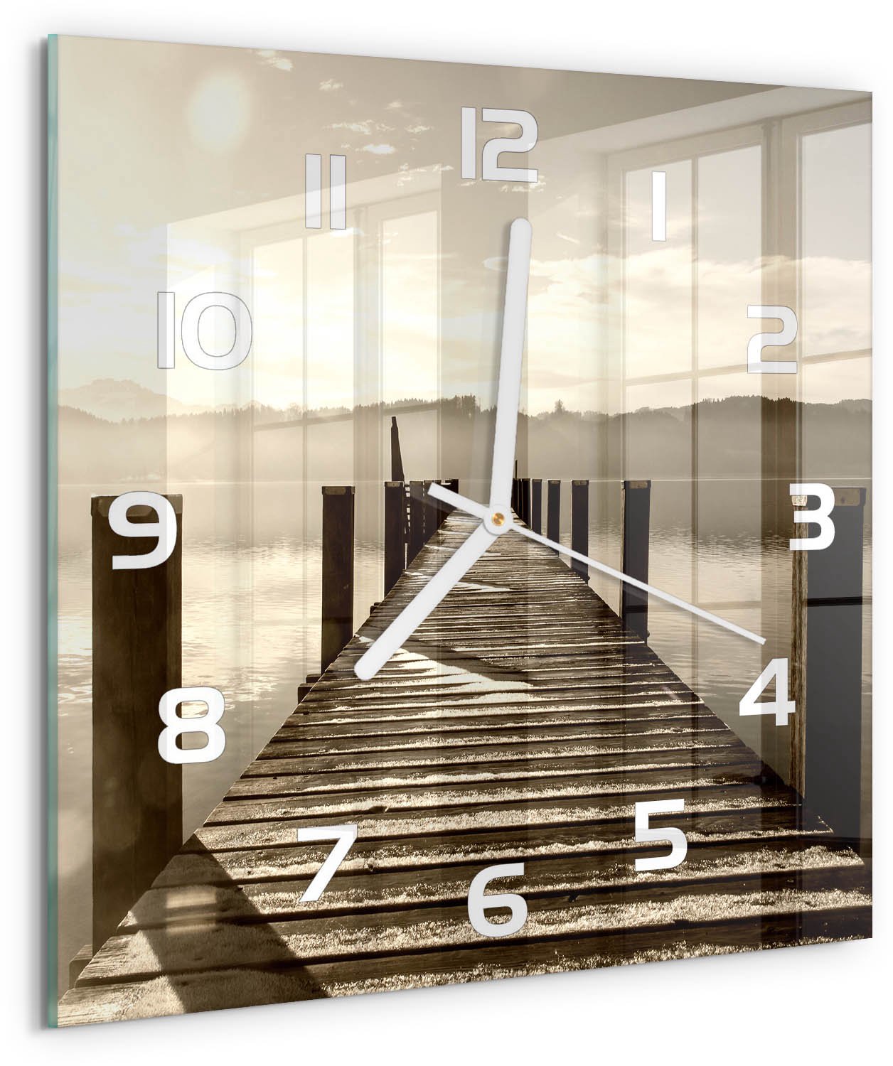 Tulup Wandklok - Houten brug Moderne Wandklok Glas - 30x30 cm - Bruin Wandklok Glas Decoratie - Witte handen - Vierkante Klok - Glazen Wandklok Design - Klok Glas Met Opdruk