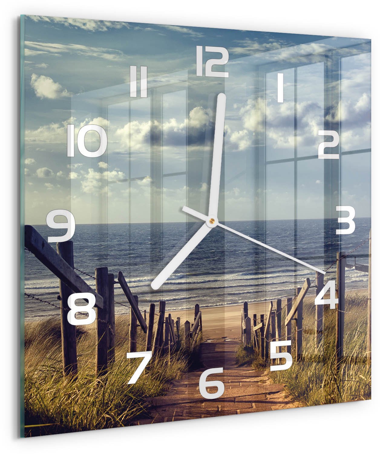 Tulup Wandklok - De weg naar het strand Wandklok Glas Met Motief - 30x30 cm - Blauw Decoratieve Glazen Klok - Witte handen - Vierkante Klok - Gekleurde Glazen Klok - Glazen Klok Met Print