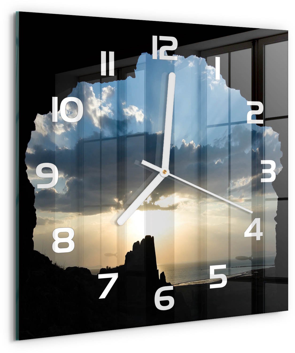 Tulup Wandklok - Zonsondergang Glazen Klok Met Print - 30x30 cm - Blauw Wandklok Glas Met Motief - Witte handen - Vierkante Klok - Wandklok Glas Decoratie - Gekleurde Glazen Klok