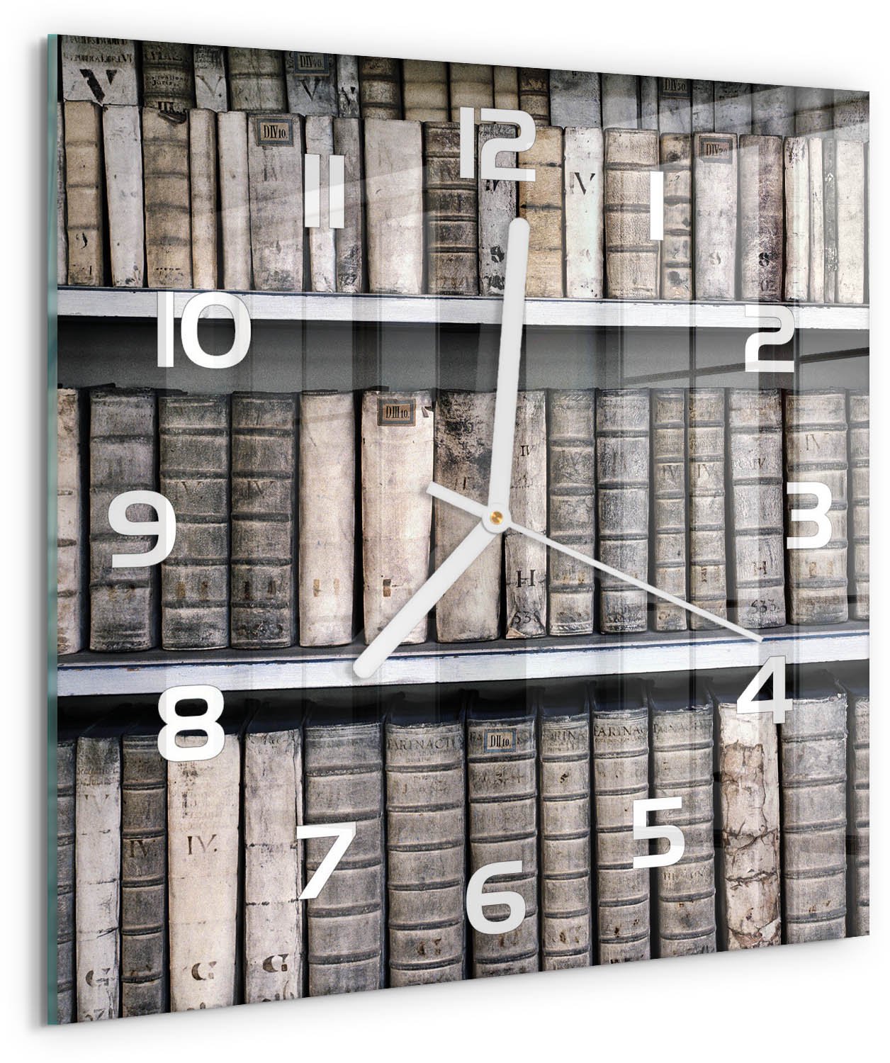 Tulup Wandklok - Boekenplank Decoratieve Glazen Klok - 30x30 cm - Beige Glazen Wandklok Design - Witte handen - Vierkante Klok - Glazen Klok Met Print - Wandklok Glas Met Motief