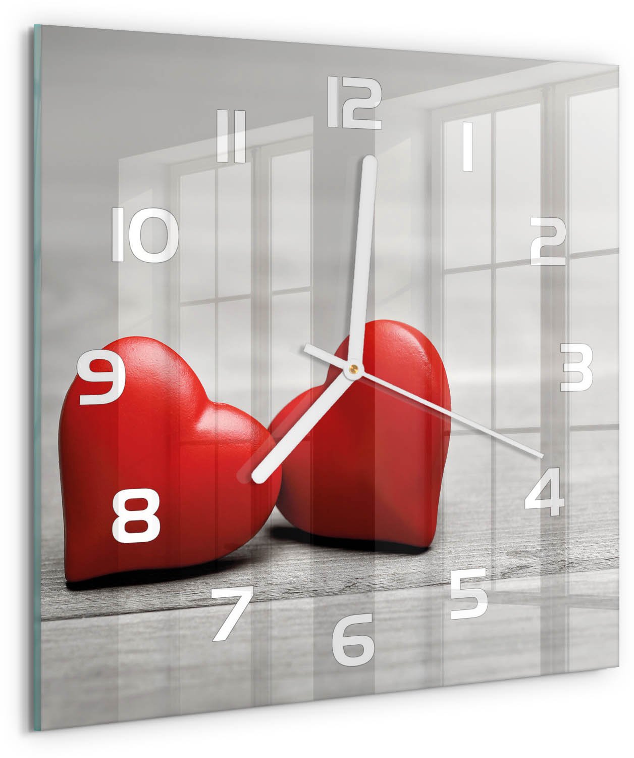 Tulup Wandklok - Harten op hout Decoratieve Glazen Klok - 30x30 cm - Rood Glazen Wandklok Design - Witte handen - Vierkante Klok - Glazen Klok Met Print - Wandklok Glas Met Motief