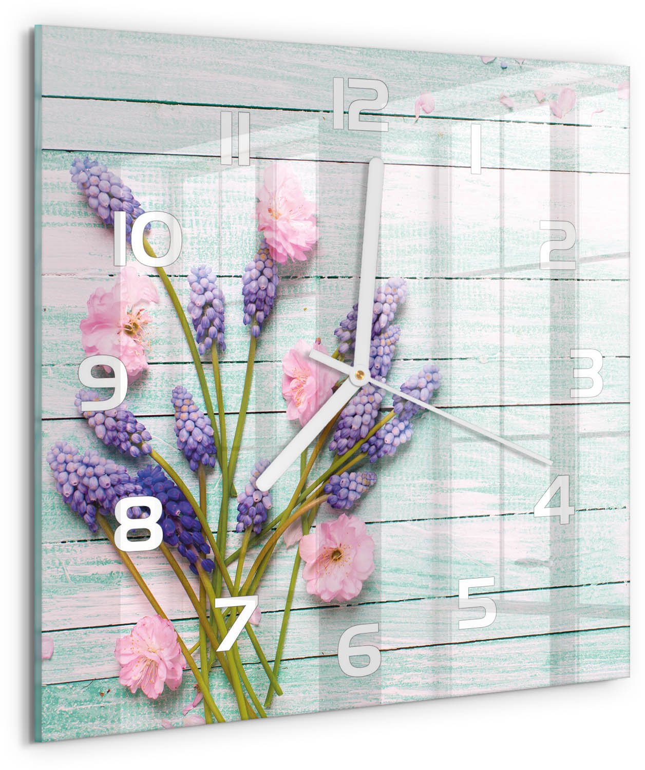 Tulup Wandklok - Lavendel op hout Gekleurde Glazen Klok - 30x30 cm - Paars Glazen Klok Met Print - Witte handen - Vierkante Klok - Moderne Wandklok Glas - Wandklok Glas Decoratie