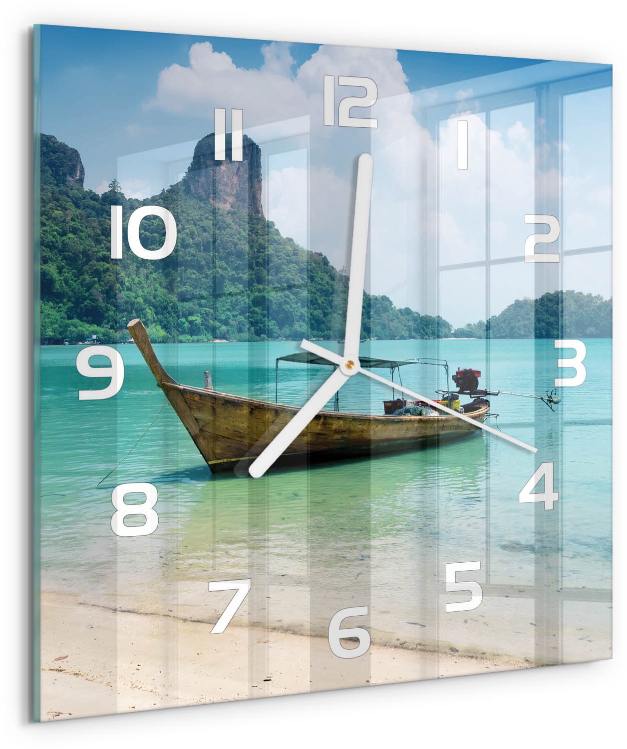 TULUP Wandklok - Łódź Wandklok Glas Met Motief - 30x30 cm - Blauw Decoratieve Glazen Klok - Witte handen - Vierkante Klok - Gekleurde Glazen Klok - Glazen Klok Met Print
