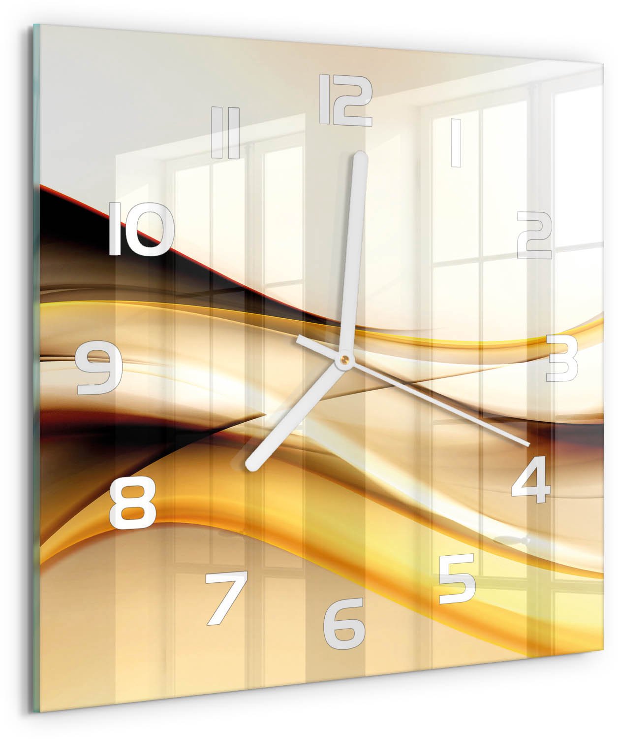 Tulup Wandklok - Abstracte golven Moderne Wandklok Glas - 30x30 cm - Geel Wandklok Glas Decoratie - Witte handen - Vierkante Klok - Glazen Wandklok Design - Klok Glas Met Opdruk