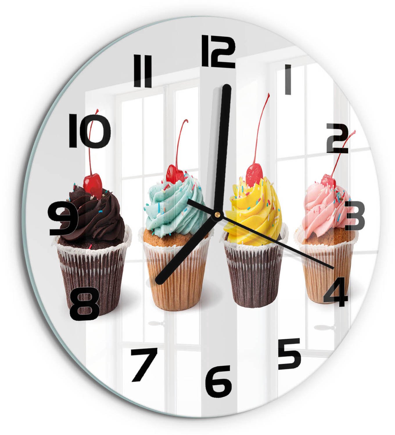 TULUP Wandklok - Muffins Wandklok Glas Met Motief - fi30 cm - Veelkleurig Decoratieve Glazen Klok - Zwarte handen - Ronde Klok - Gekleurde Glazen Klok - Glazen Klok Met Print