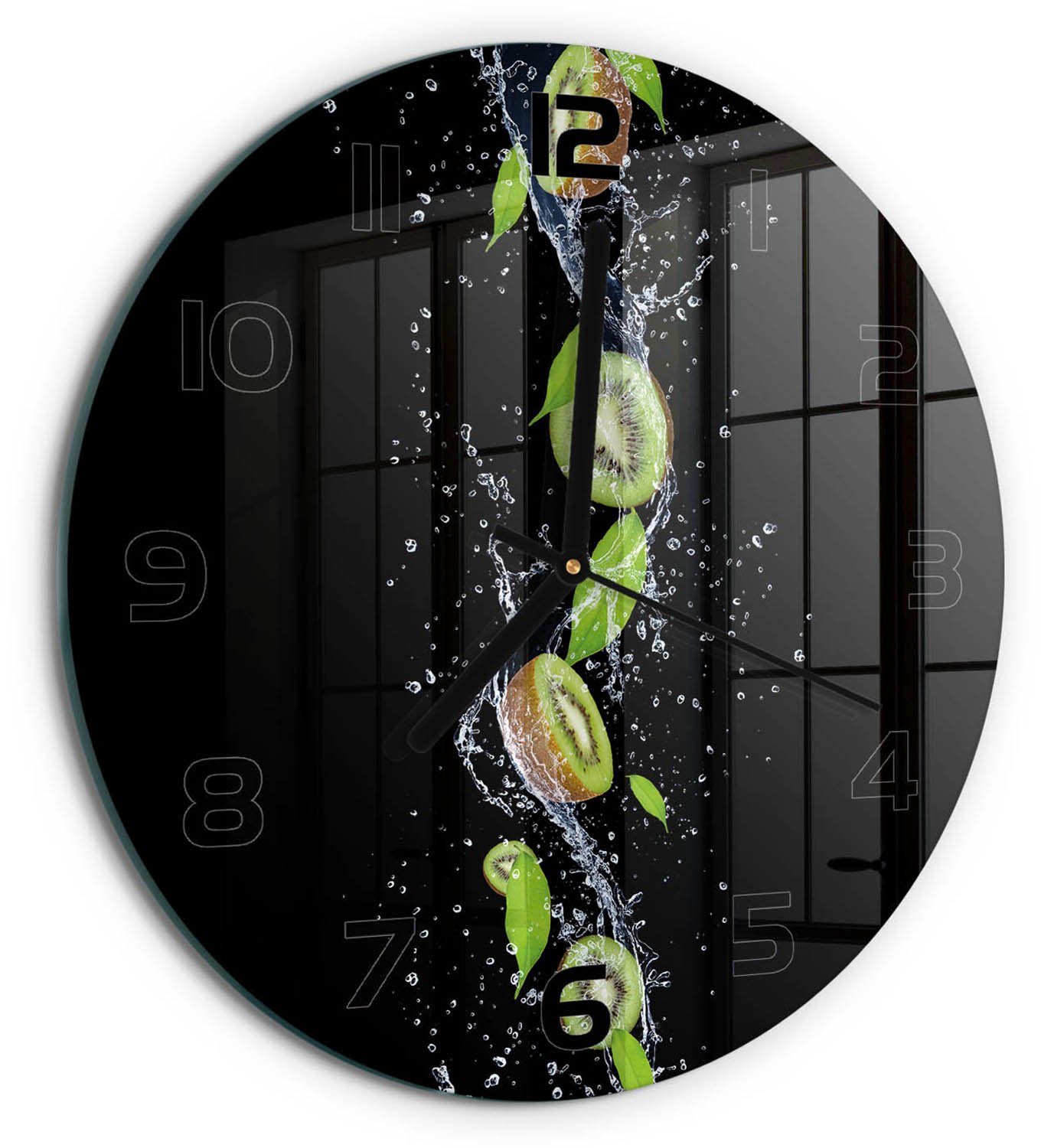 TULUP Wandklok - Kiwi en water Glazen Wandklok Design - fi30 cm - Groente Klok Glas Met Opdruk - Zwarte handen - Ronde Klok - Wandklok Glas Met Motief - Decoratieve Glazen Klok
