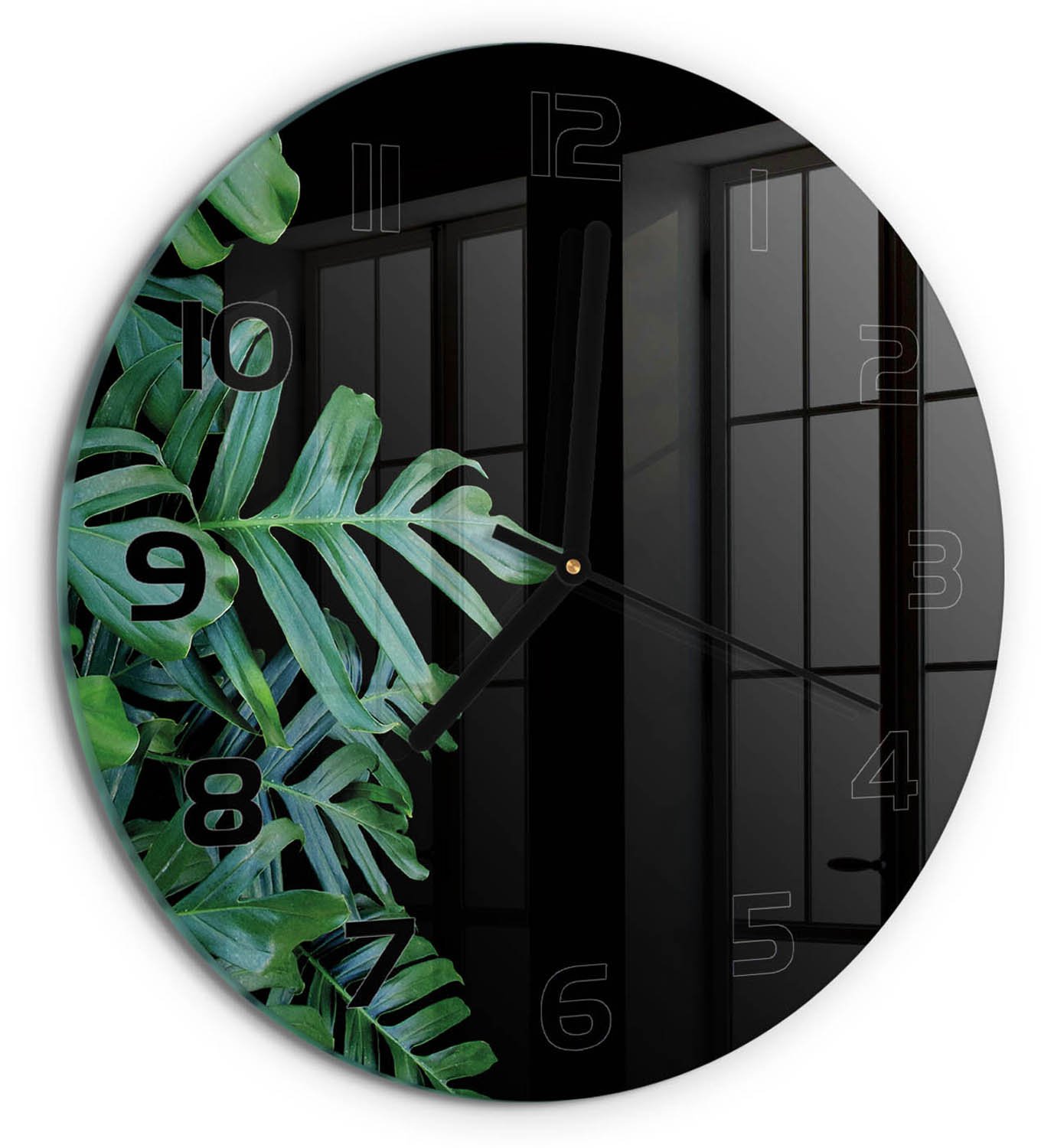 TULUP Wandklok - Monstera Klok Glas Met Opdruk - fi30 cm - Groente Moderne Wandklok Glas - Zwarte handen - Ronde Klok - Decoratieve Glazen Klok - Glazen Wandklok Design