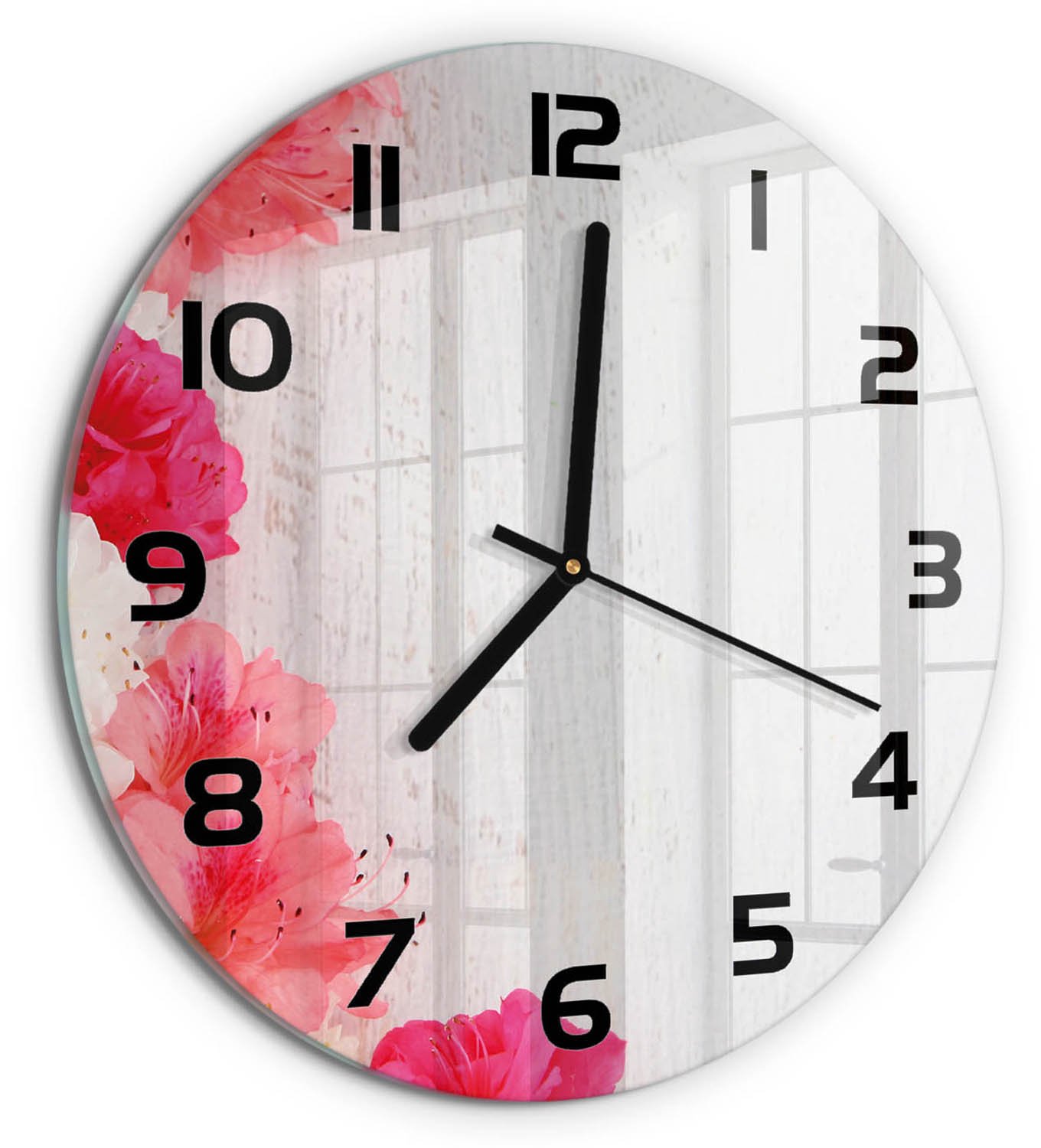 TULUP Wandklok - Bloemen Decoratieve Glazen Klok - fi30 cm - Roze Glazen Wandklok Design - Zwarte handen - Ronde Klok - Glazen Klok Met Print - Wandklok Glas Met Motief