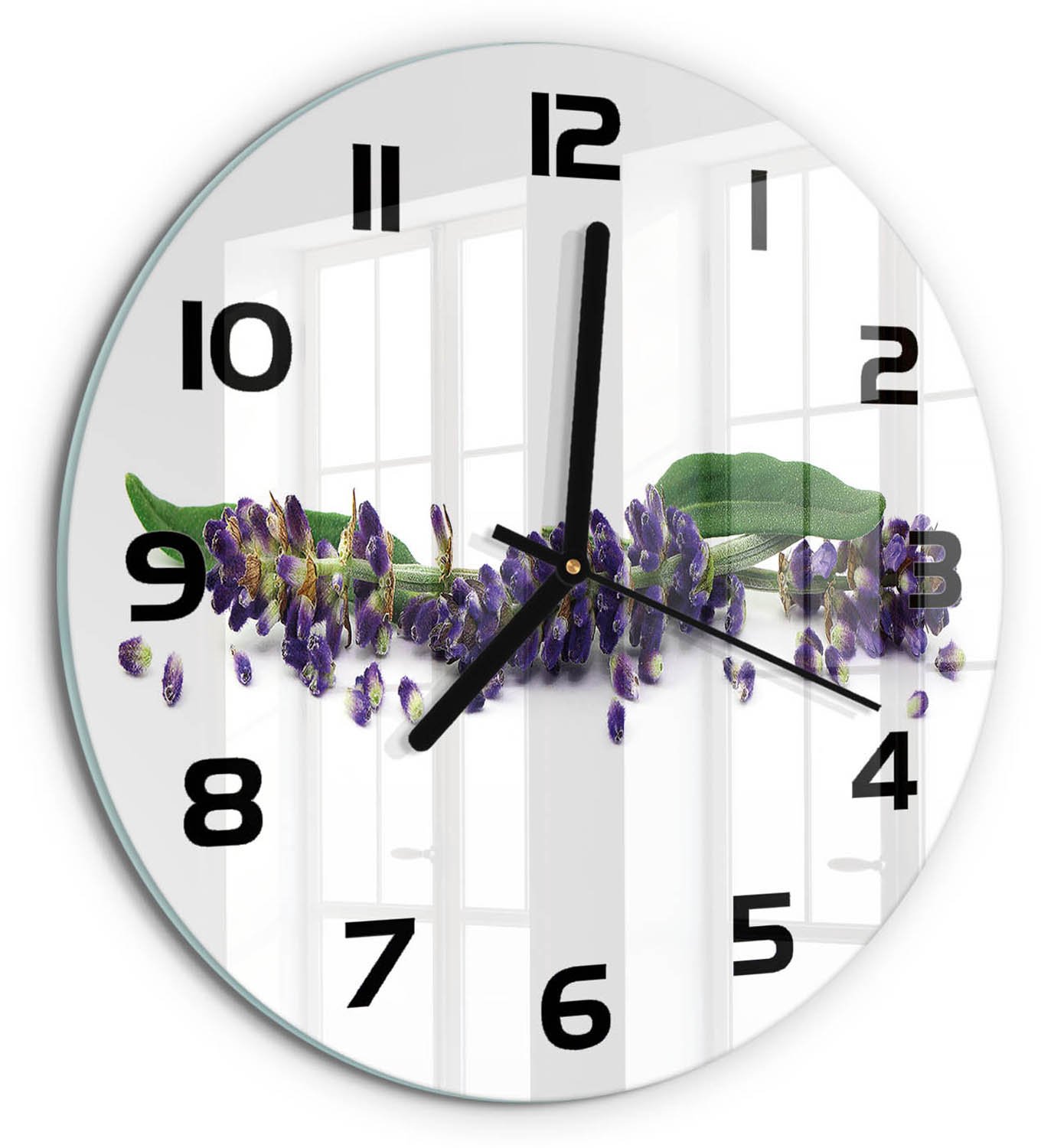 TULUP Wandklok - Lavendel Glazen Klok Met Print - fi30 cm - Paars Wandklok Glas Met Motief - Zwarte handen - Ronde Klok - Wandklok Glas Decoratie - Gekleurde Glazen Klok