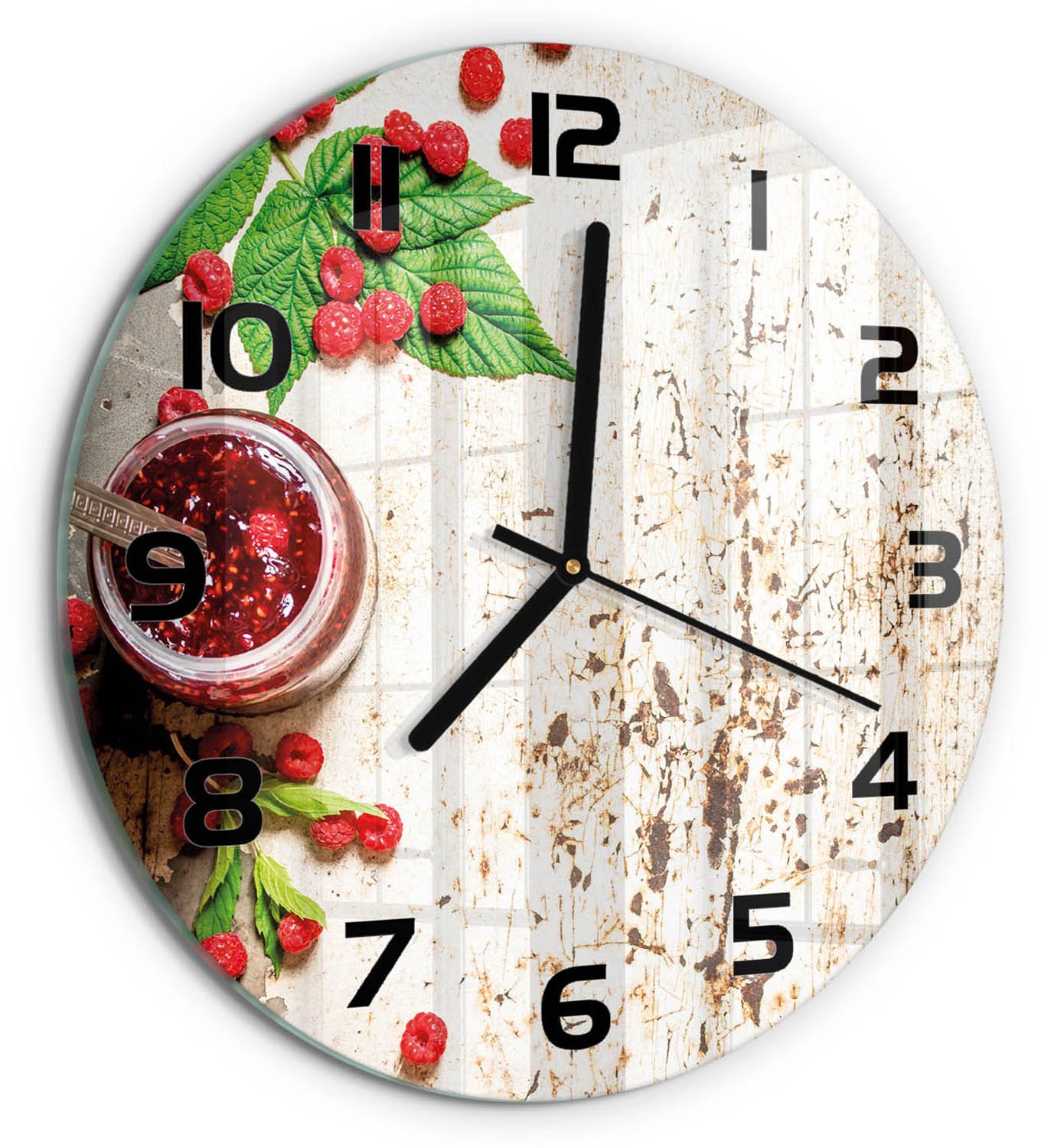 TULUP Wandklok - Frambozenjam Wandklok Glas Met Motief - fi30 cm - Rood Decoratieve Glazen Klok - Zwarte handen - Ronde Klok - Gekleurde Glazen Klok - Glazen Klok Met Print
