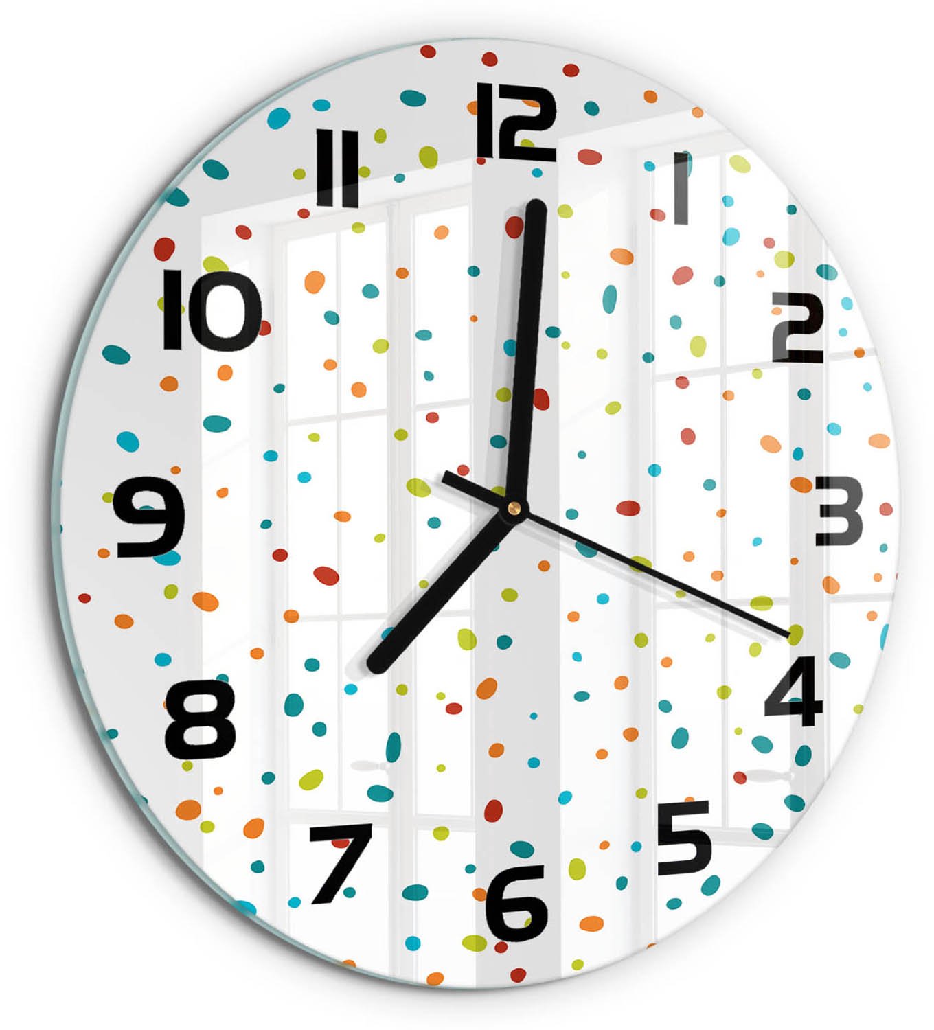 TULUP Wandklok - Kleurrijke stippen Glazen Wandklok Design - fi30 cm - Veelkleurig Klok Glas Met Opdruk - Zwarte handen - Ronde Klok - Wandklok Glas Met Motief - Decoratieve Glazen Klok