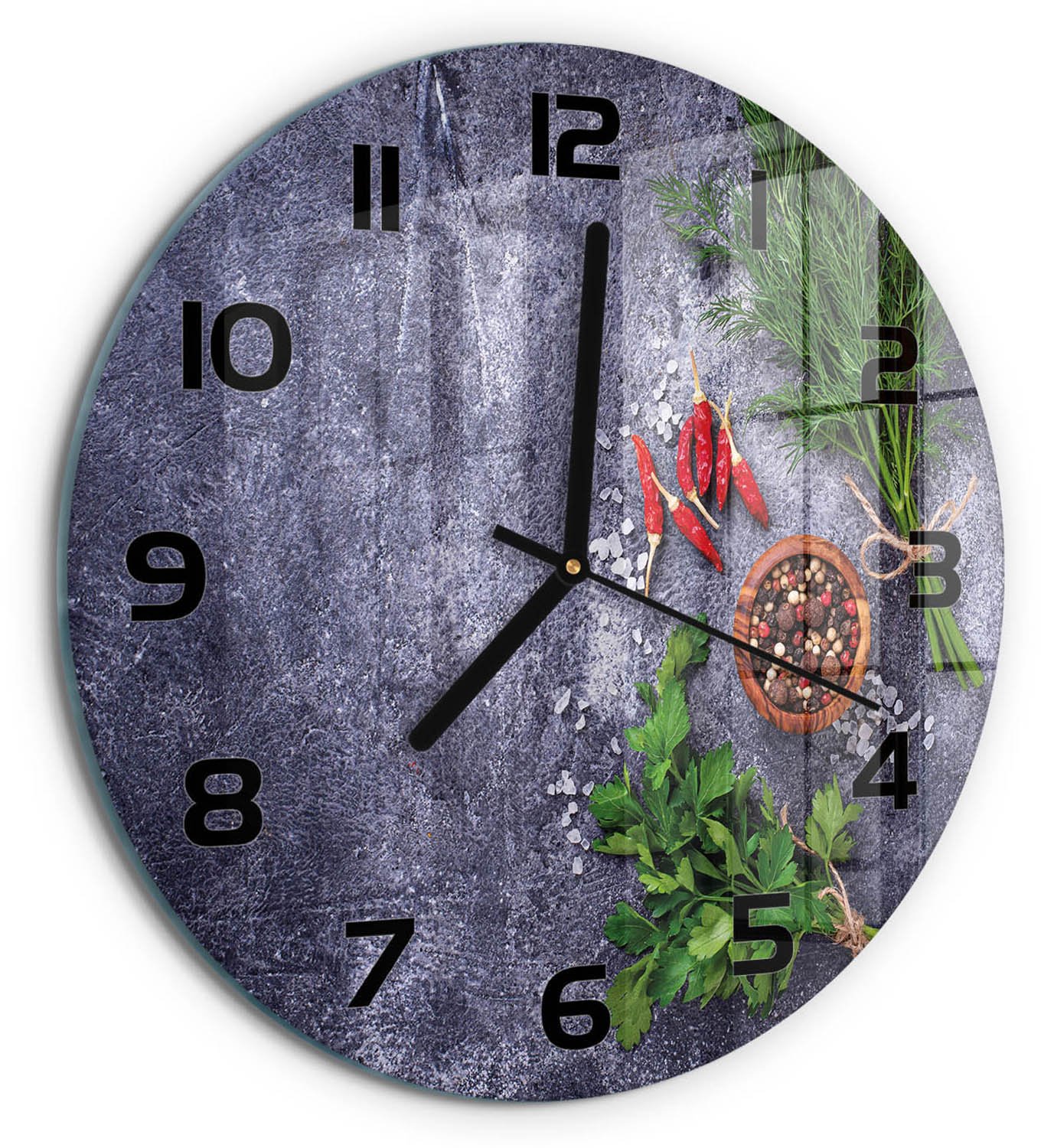 TULUP Wandklok - Kruiden en specerijen Glazen Klok Met Print - fi30 cm - Groente Wandklok Glas Met Motief - Zwarte handen - Ronde Klok - Wandklok Glas Decoratie - Gekleurde Glazen Klok