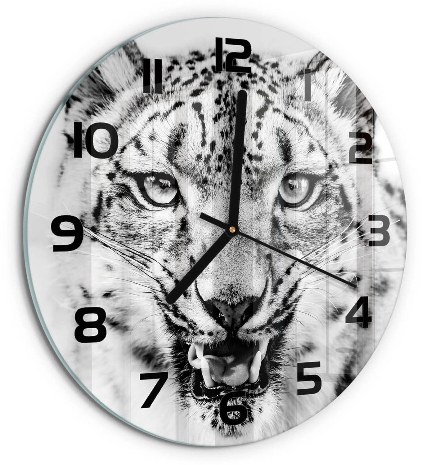 TULUP Wandklok - Sneeuwluipaard Glazen Wandklok Design - fi30 cm - Zwart-wit Klok Glas Met Opdruk - Zwarte handen - Ronde Klok - Wandklok Glas Met Motief - Decoratieve Glazen Klok