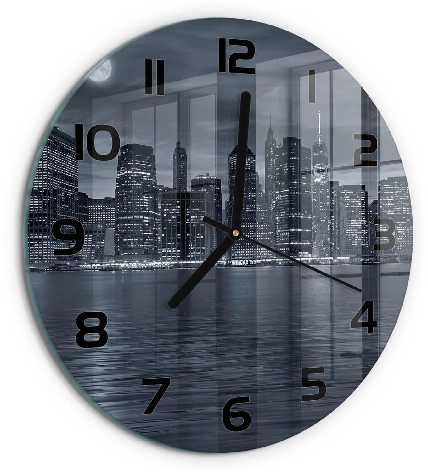 TULUP Wandklok - New York 's nachts Wandklok Glas Decoratie - fi30 cm - Zwart-wit Gekleurde Glazen Klok - Zwarte handen - Ronde Klok - Klok Glas Met Opdruk - Moderne Wandklok Glas