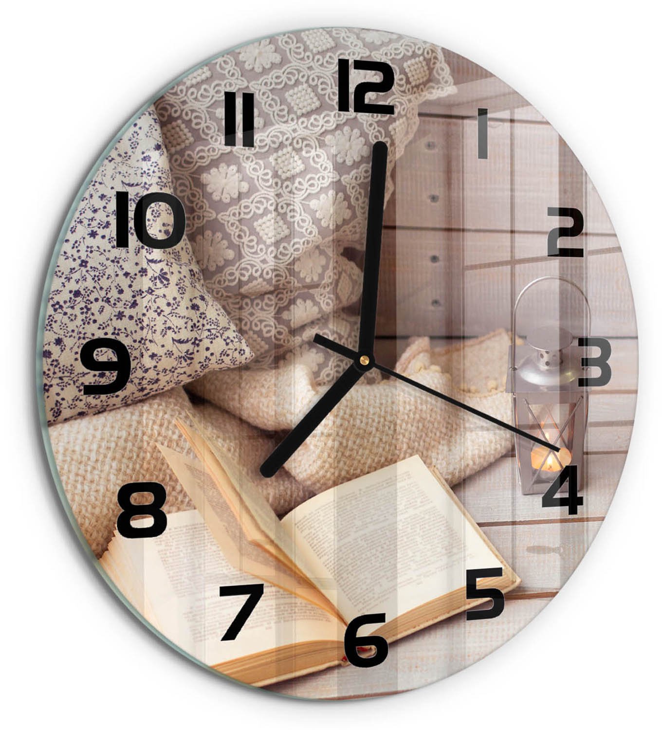 TULUP Wandklok - Ontspan met een boek. Gekleurde Glazen Klok - fi30 cm - Beige Glazen Klok Met Print - Zwarte handen - Ronde Klok - Moderne Wandklok Glas - Wandklok Glas Decoratie