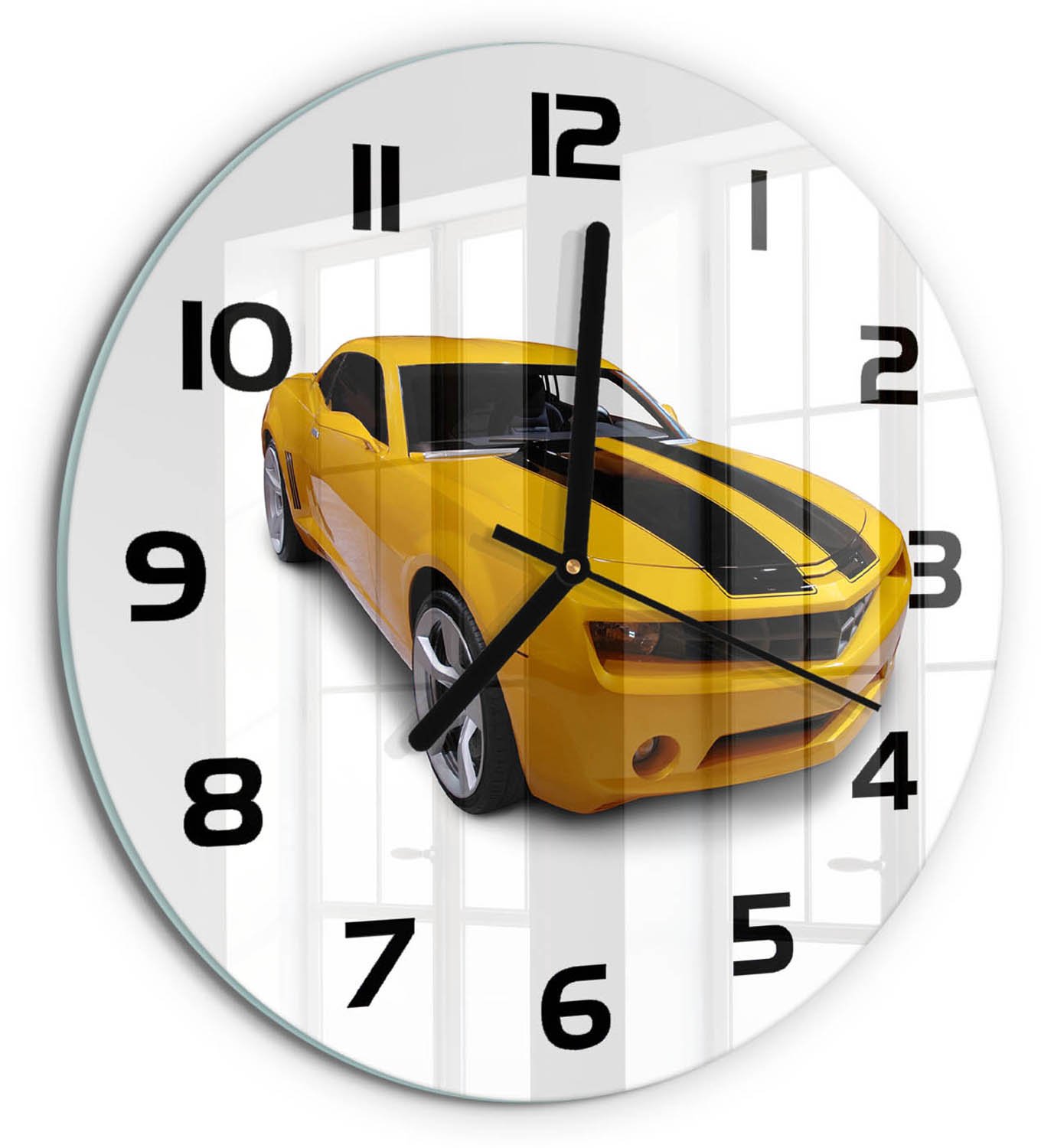 TULUP Wandklok - Sportwagen Moderne Wandklok Glas - fi30 cm - Geel Wandklok Glas Decoratie - Zwarte handen - Ronde Klok - Glazen Wandklok Design - Klok Glas Met Opdruk