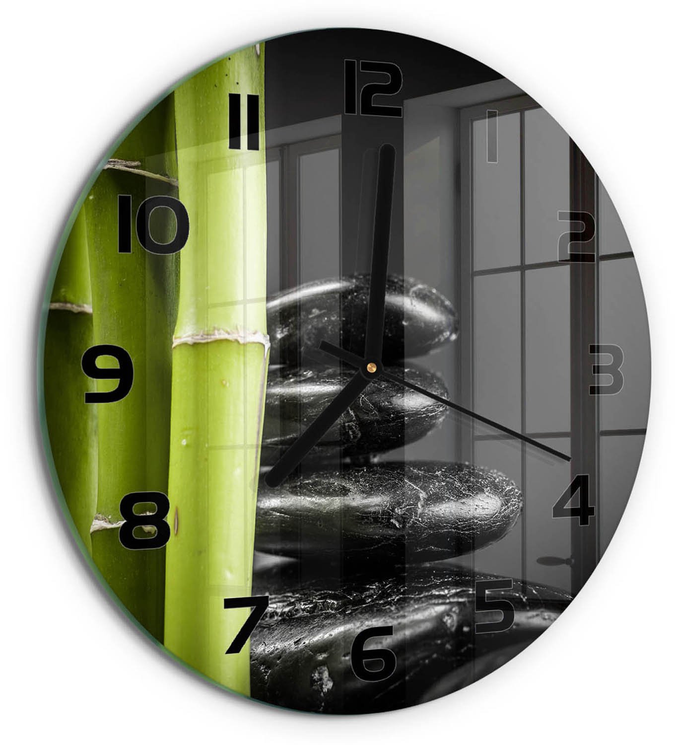 TULUP Wandklok - Bamboe Wandklok Glas Met Motief - fi30 cm - Zwart Decoratieve Glazen Klok - Zwarte handen - Ronde Klok - Gekleurde Glazen Klok - Glazen Klok Met Print
