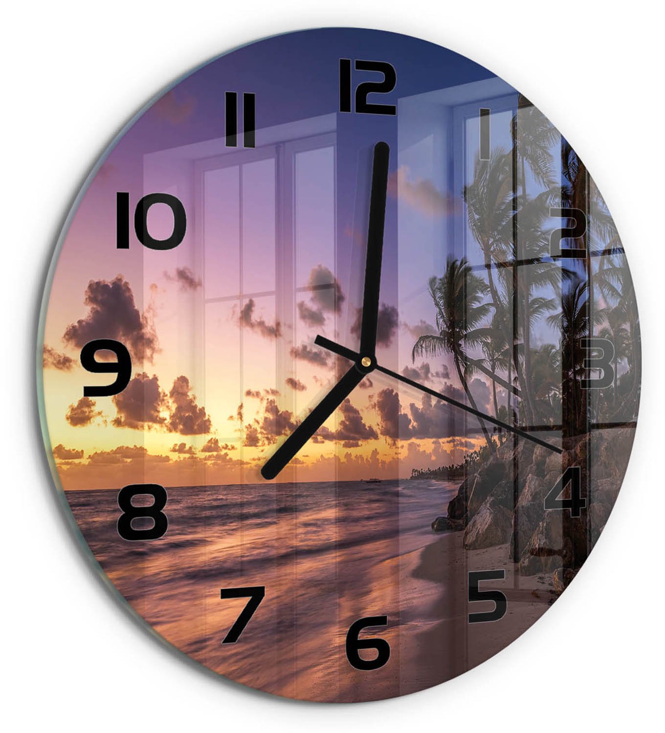 TULUP Wandklok - Weststrand Gekleurde Glazen Klok - fi30 cm - Geel Glazen Klok Met Print - Zwarte handen - Ronde Klok - Moderne Wandklok Glas - Wandklok Glas Decoratie
