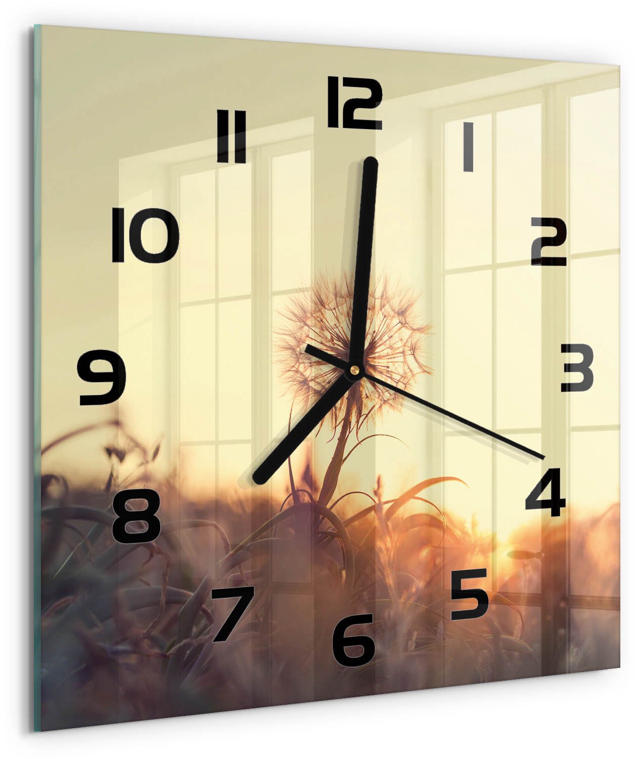 TULUP Wandklok - Paardebloem Decoratieve Glazen Klok - 30x30 cm - Geel Glazen Wandklok Design - Zwarte handen - Vierkante Klok - Glazen Klok Met Print - Wandklok Glas Met Motief