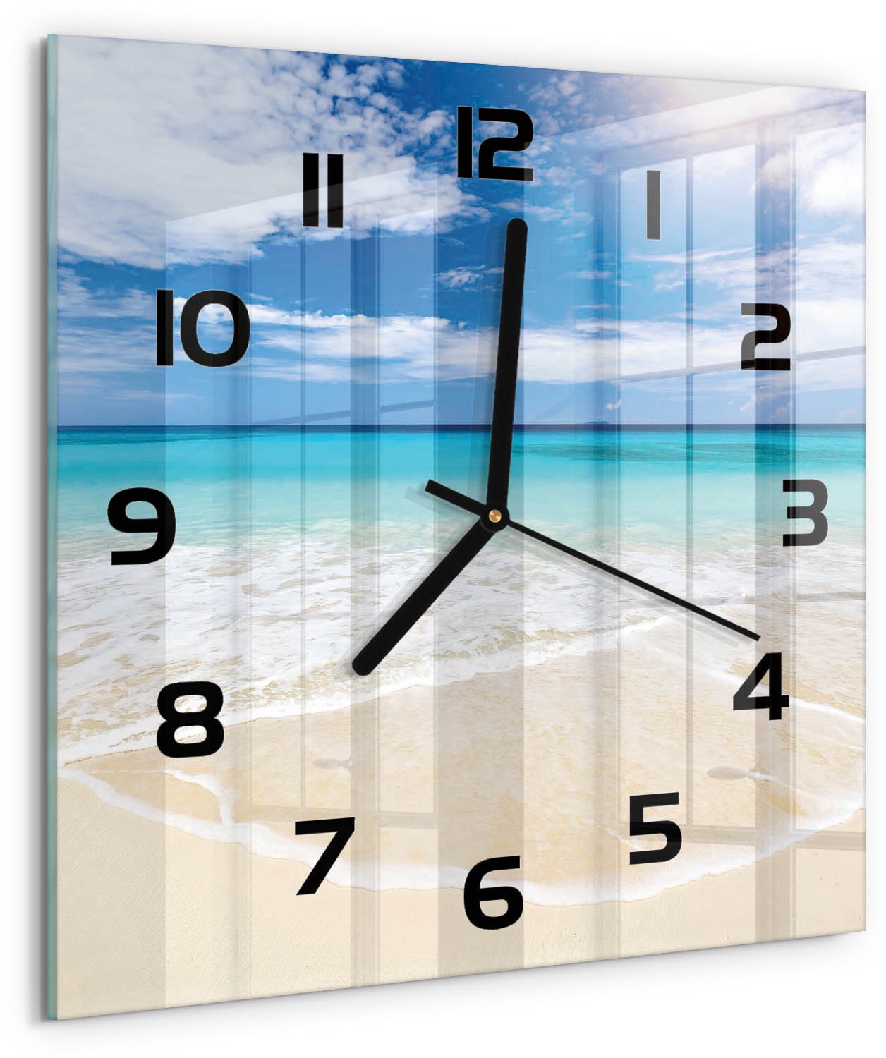Tulup Wandklok - Tropisch strand Glazen Wandklok Design - 30x30 cm - Blauw Klok Glas Met Opdruk - Zwarte handen - Vierkante Klok - Wandklok Glas Met Motief - Decoratieve Glazen Klok
