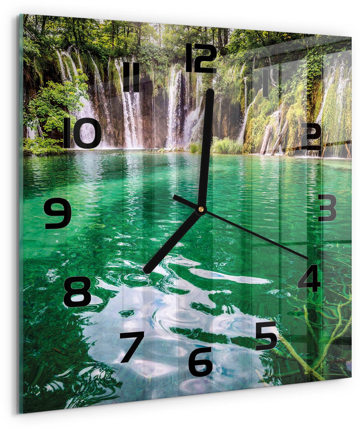 TULUP Wandklok - Plitvice-meren Wandklok Glas Decoratie - 30x30 cm - Groente Gekleurde Glazen Klok - Zwarte handen - Vierkante Klok - Klok Glas Met Opdruk - Moderne Wandklok Glas