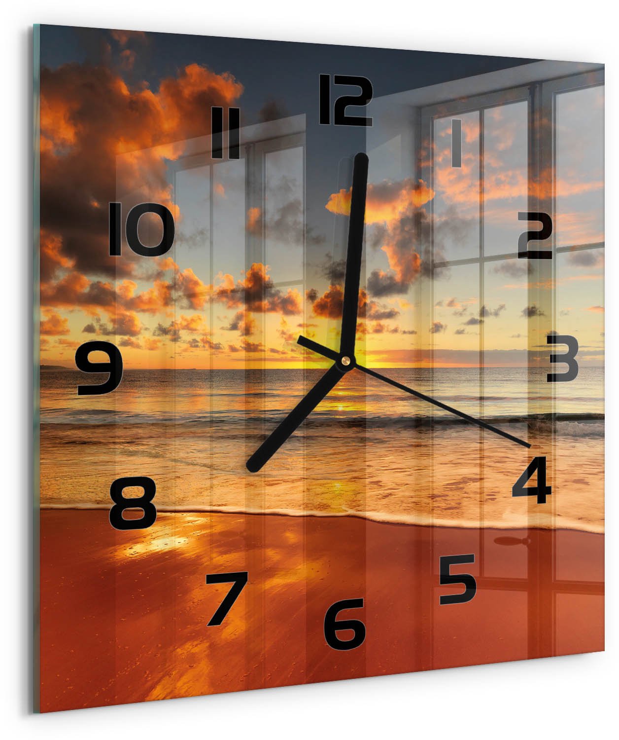 Tulup Wandklok - Australisch strand Decoratieve Glazen Klok - 30x30 cm - Oranje Glazen Wandklok Design - Zwarte handen - Vierkante Klok - Glazen Klok Met Print - Wandklok Glas Met Motief