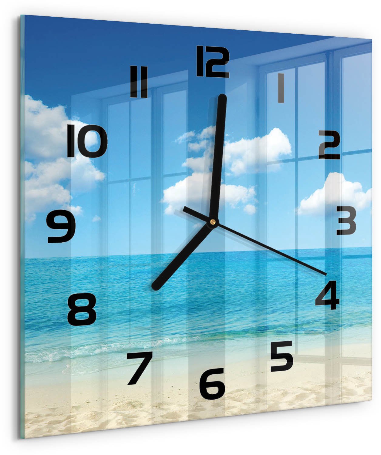 Tulup Wandklok - Paradijsstrand Moderne Wandklok Glas - 30x30 cm - Blauw Wandklok Glas Decoratie - Zwarte handen - Vierkante Klok - Glazen Wandklok Design - Klok Glas Met Opdruk