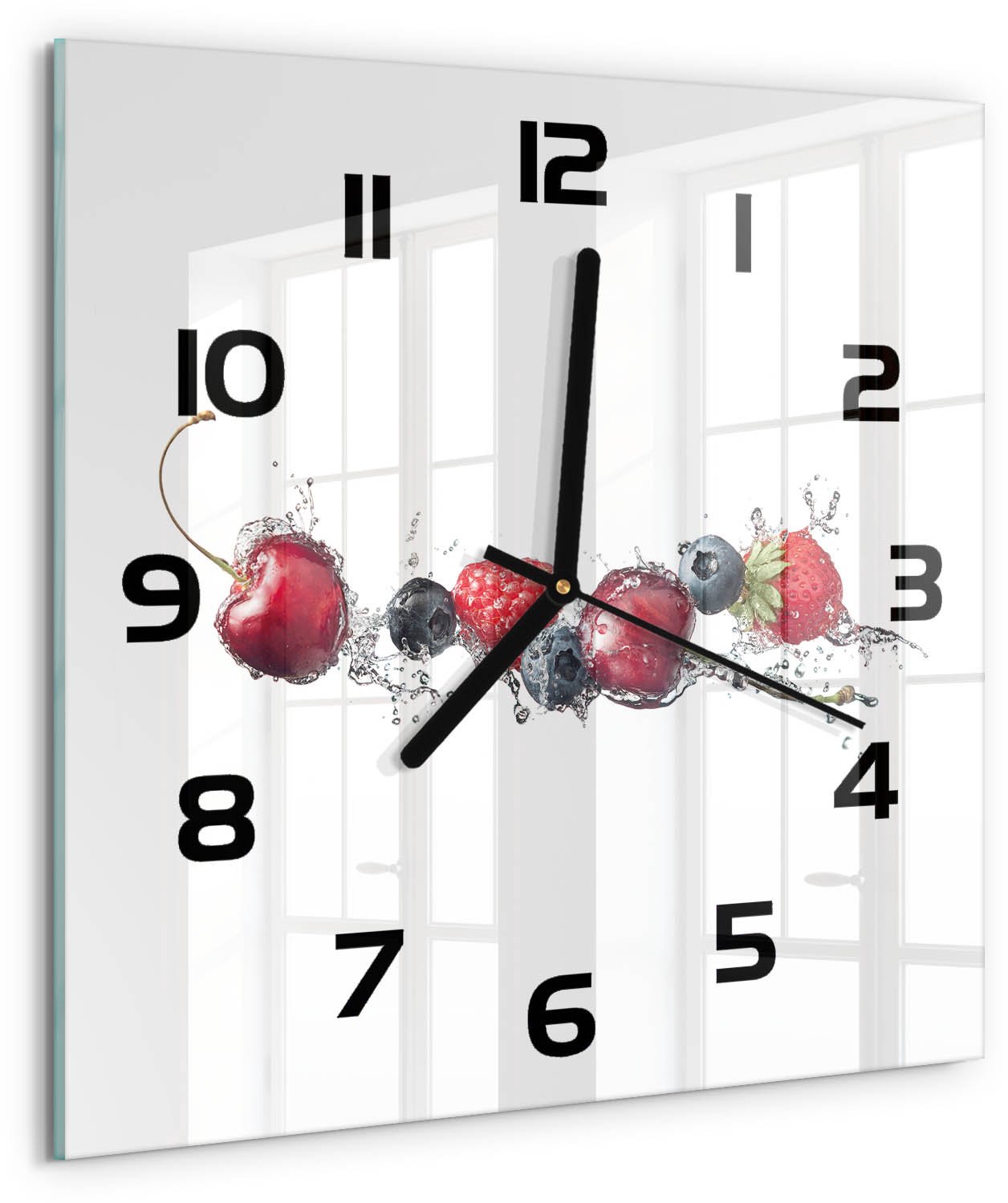 Tulup Wandklok - Bosvruchten Klok Glas Met Opdruk - 30x30 cm - Rood Moderne Wandklok Glas - Zwarte handen - Vierkante Klok - Decoratieve Glazen Klok - Glazen Wandklok Design
