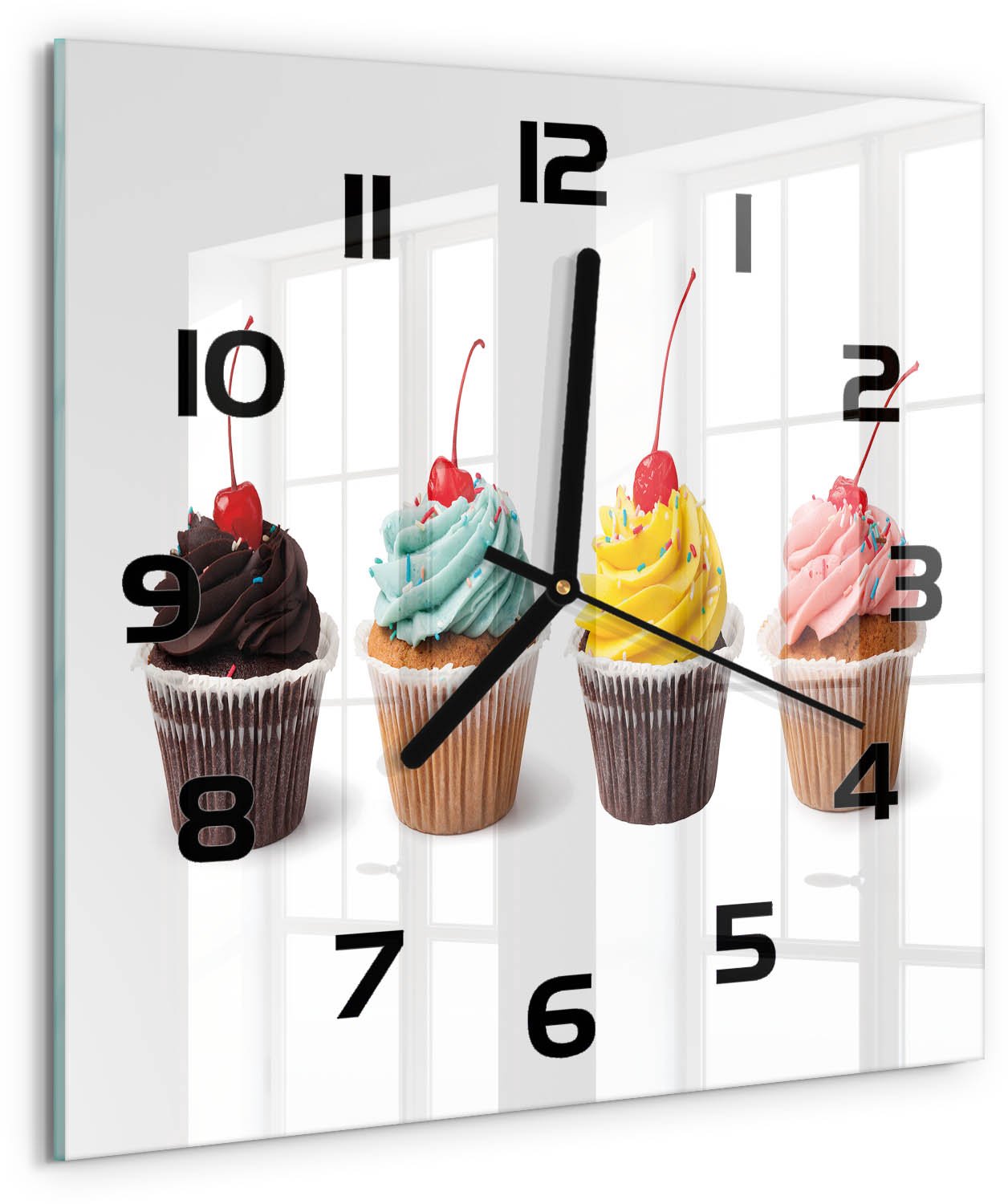 Tulup Wandklok - Muffins Moderne Wandklok Glas - 30x30 cm - Veelkleurig Wandklok Glas Decoratie - Zwarte handen - Vierkante Klok - Glazen Wandklok Design - Klok Glas Met Opdruk
